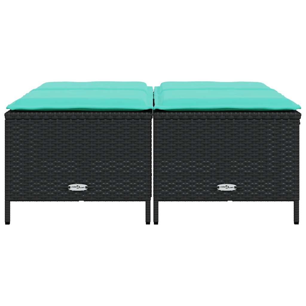Banquetas de jardim com almofadas, conjunto de 4 peças, em rattan sintético preto