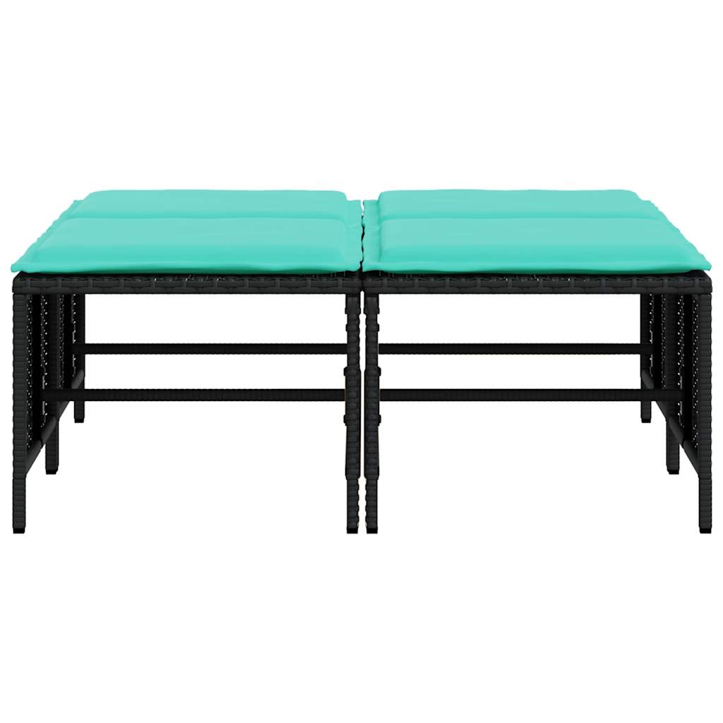 Banquetas de jardim com almofadas, conjunto de 4 peças, em rattan sintético preto