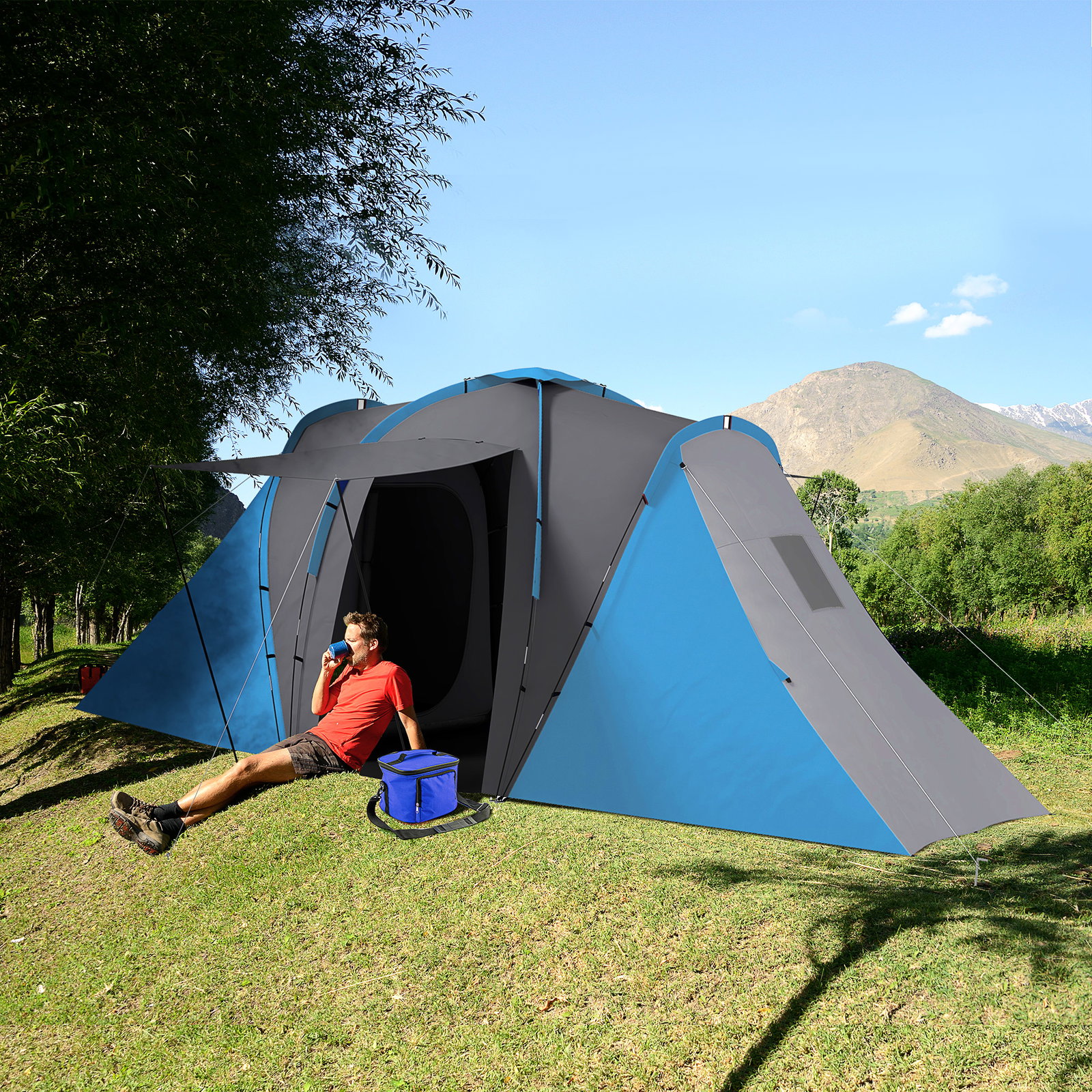 Tenda de campismo familiar para 4-6 pessoas com 2 dormitórios impermeável 3000 mm com bolsa 555x225x190 cm cinza e azul