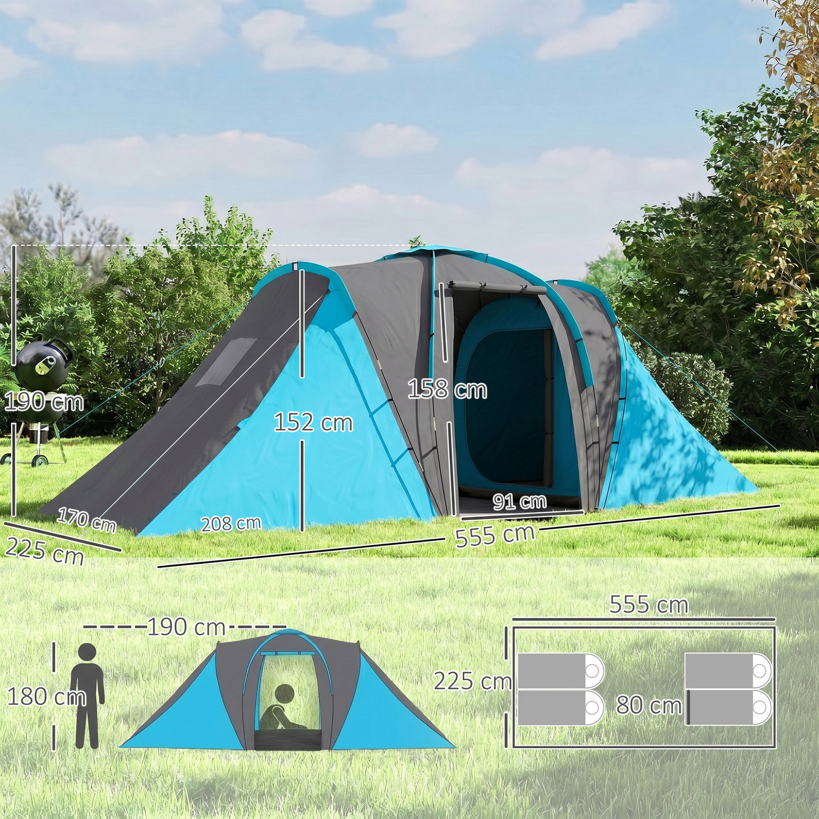 Tenda de campismo familiar para 4-6 pessoas com 2 dormitórios impermeável 3000 mm com bolsa 555x225x190 cm cinza e azul