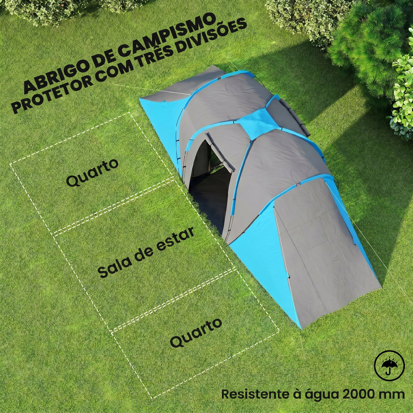 Tenda de campismo familiar para 4-6 pessoas com 2 dormitórios impermeável 3000 mm com bolsa 555x225x190 cm cinza e azul