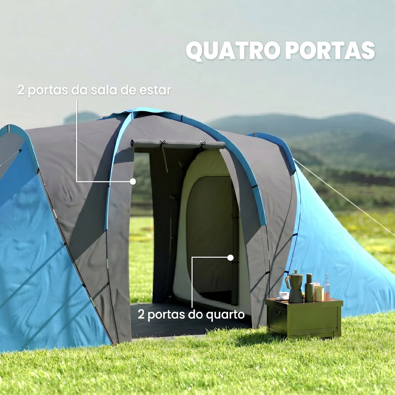 Tenda de campismo familiar para 4-6 pessoas com 2 dormitórios impermeável 3000 mm com bolsa 555x225x190 cm cinza e azul