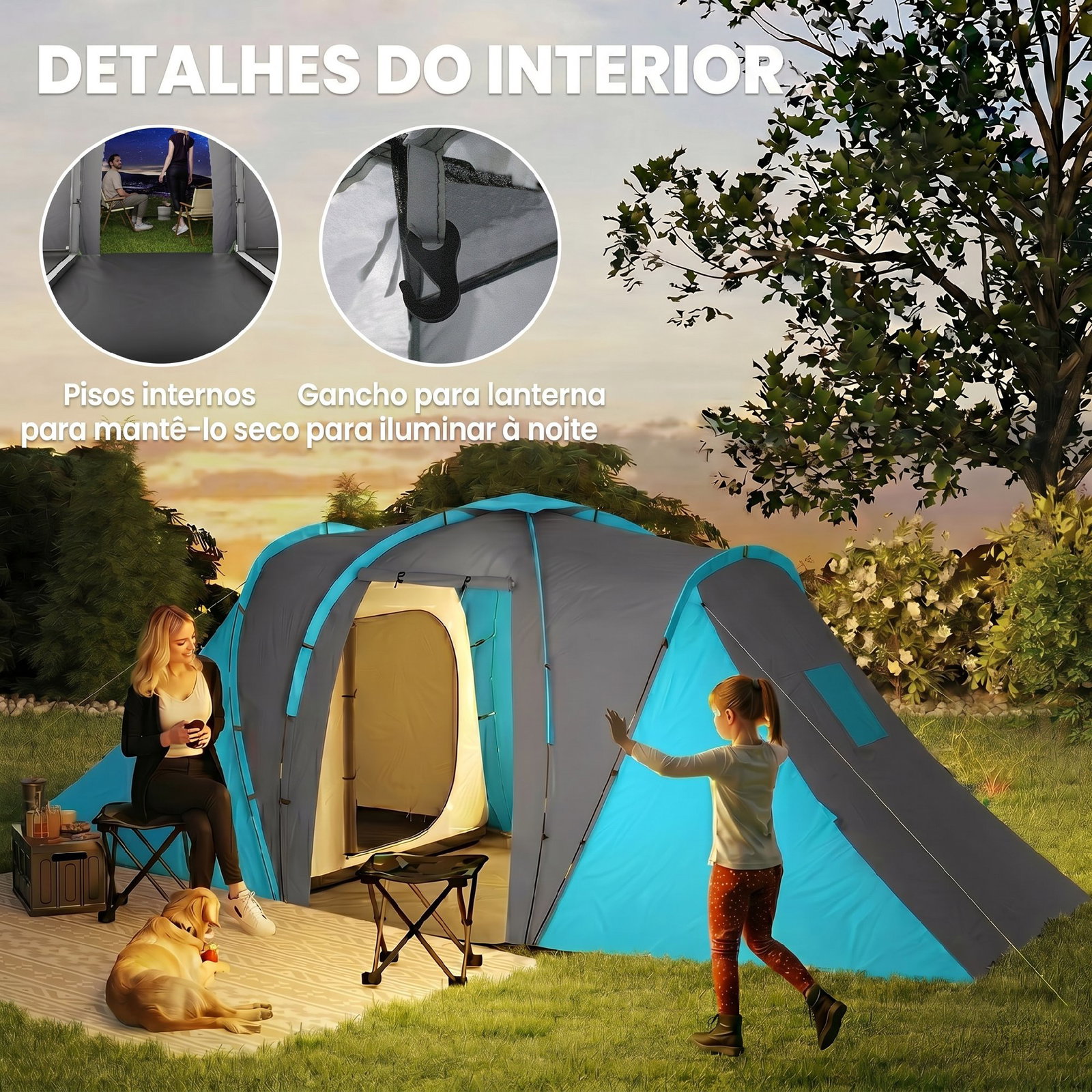 Tenda de campismo familiar para 4-6 pessoas com 2 dormitórios impermeável 3000 mm com bolsa 555x225x190 cm cinza e azul