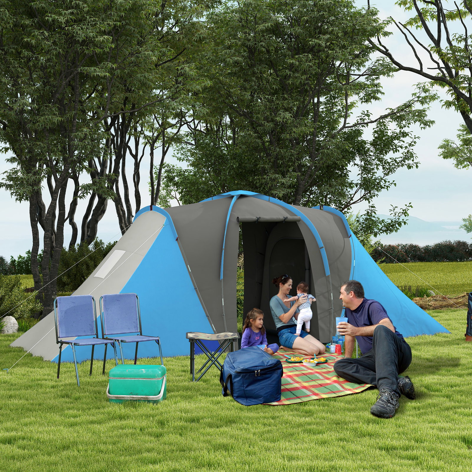 Tenda de campismo familiar para 4-6 pessoas com 2 dormitórios impermeável 3000 mm com bolsa 555x225x190 cm cinza e azul