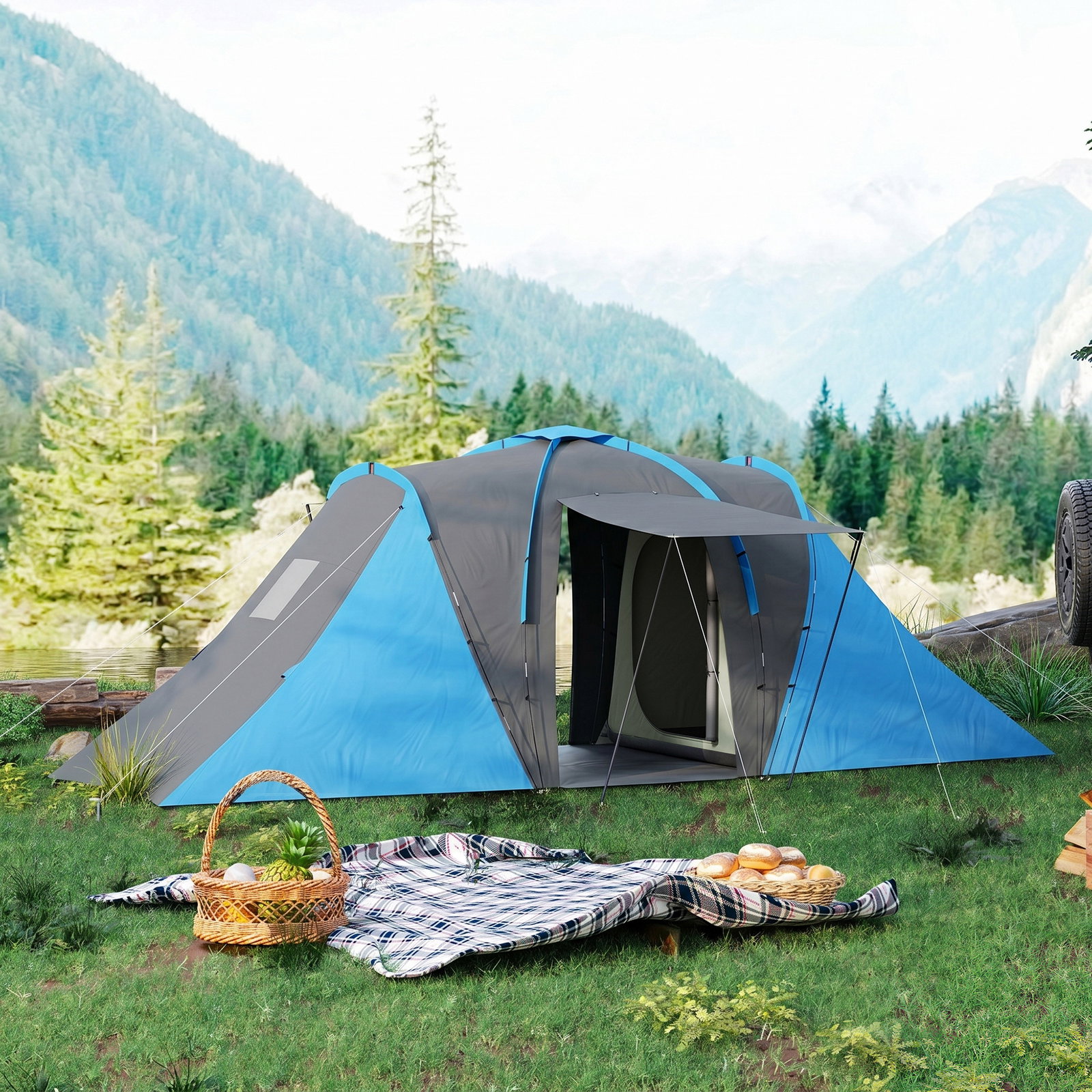 Tenda de campismo familiar para 4-6 pessoas com 2 dormitórios impermeável 3000 mm com bolsa 555x225x190 cm cinza e azul