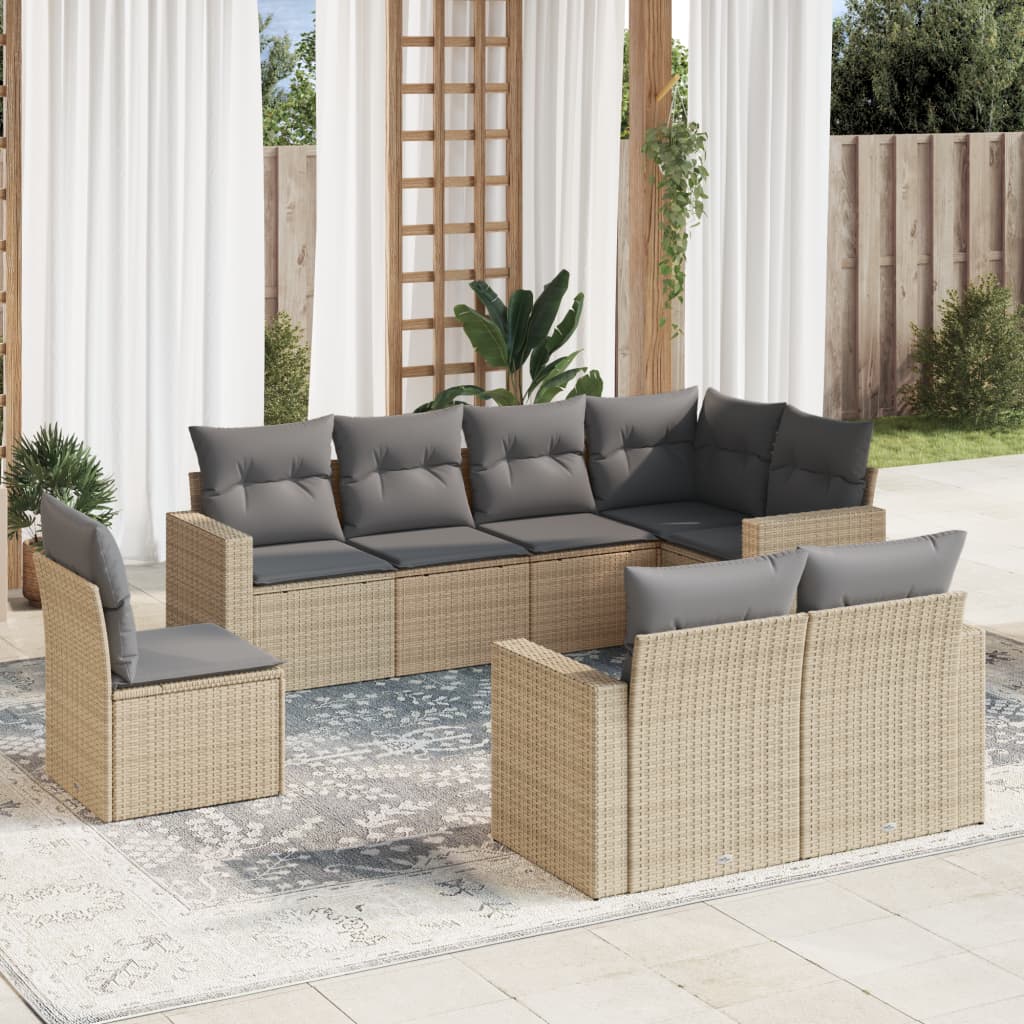 8 Pcs conjunto de sofás p/ jardim com almofadões vime PE bege