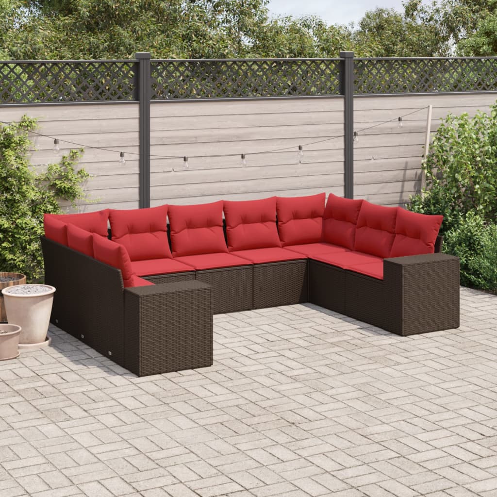 Conjunto de sofá de jardim com 9 peças e almofadas em rattan sintético marrom