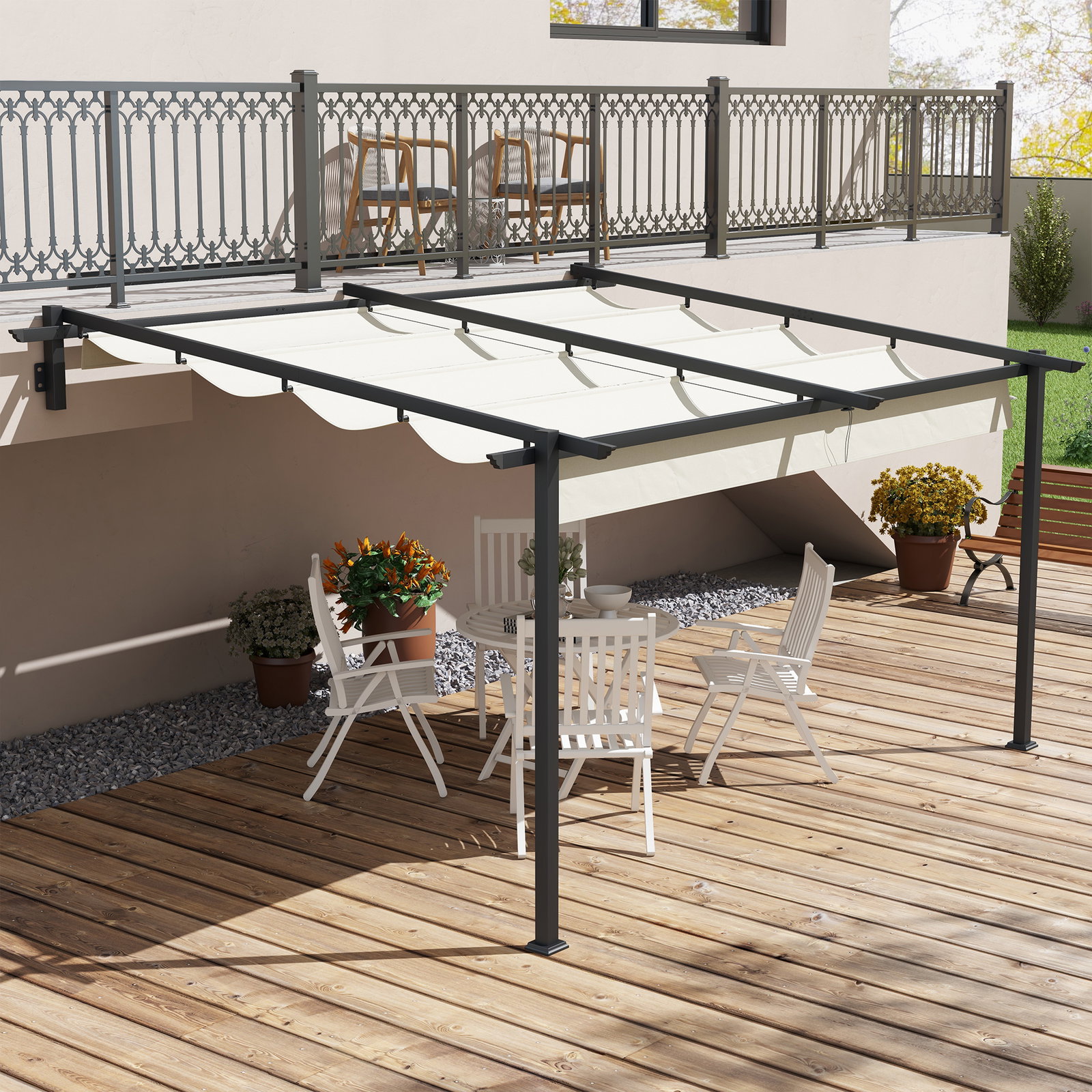 Pérgola de parede 4x3 m pérgola de jardim com teto retrátil de poliéster e estrutura de aço creme e cinza escuro