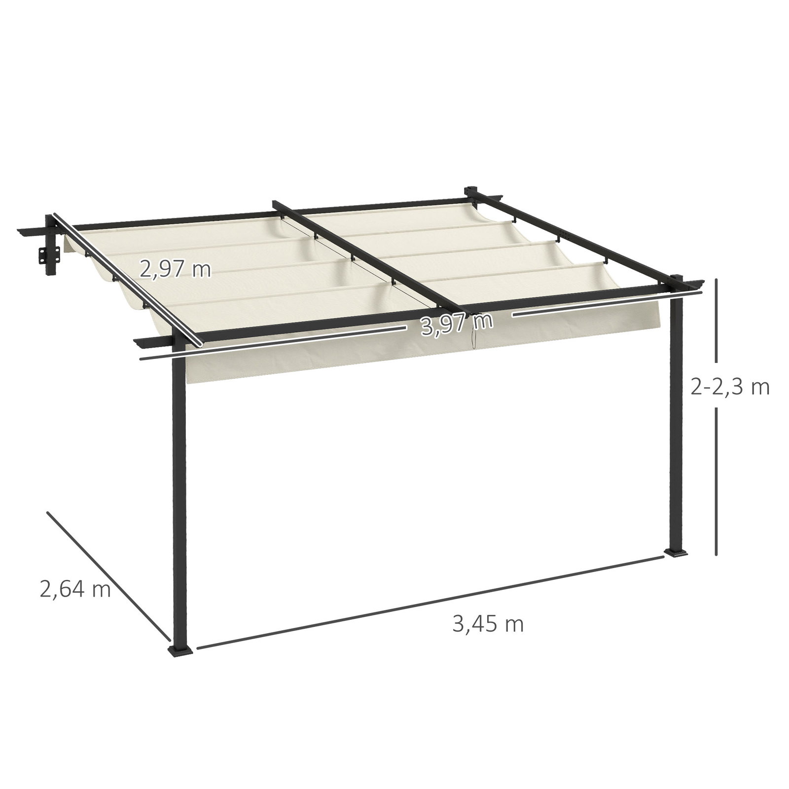 Pérgola de parede 4x3 m pérgola de jardim com teto retrátil de poliéster e estrutura de aço creme e cinza escuro