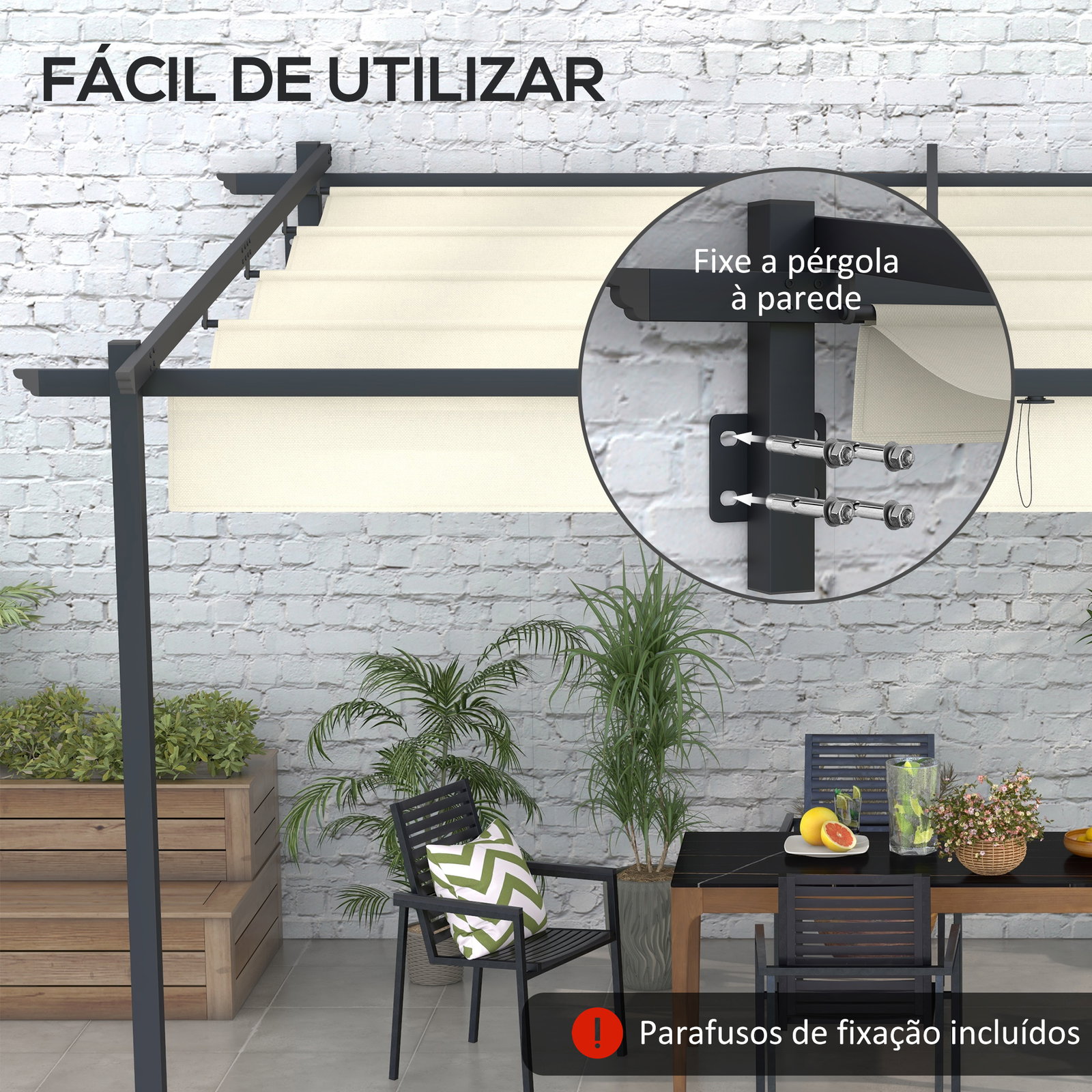 Pérgola de parede 4x3 m pérgola de jardim com teto retrátil de poliéster e estrutura de aço creme e cinza escuro