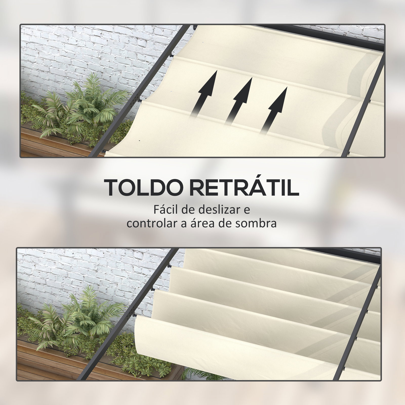 Pérgola de parede 4x3 m pérgola de jardim com teto retrátil de poliéster e estrutura de aço creme e cinza escuro