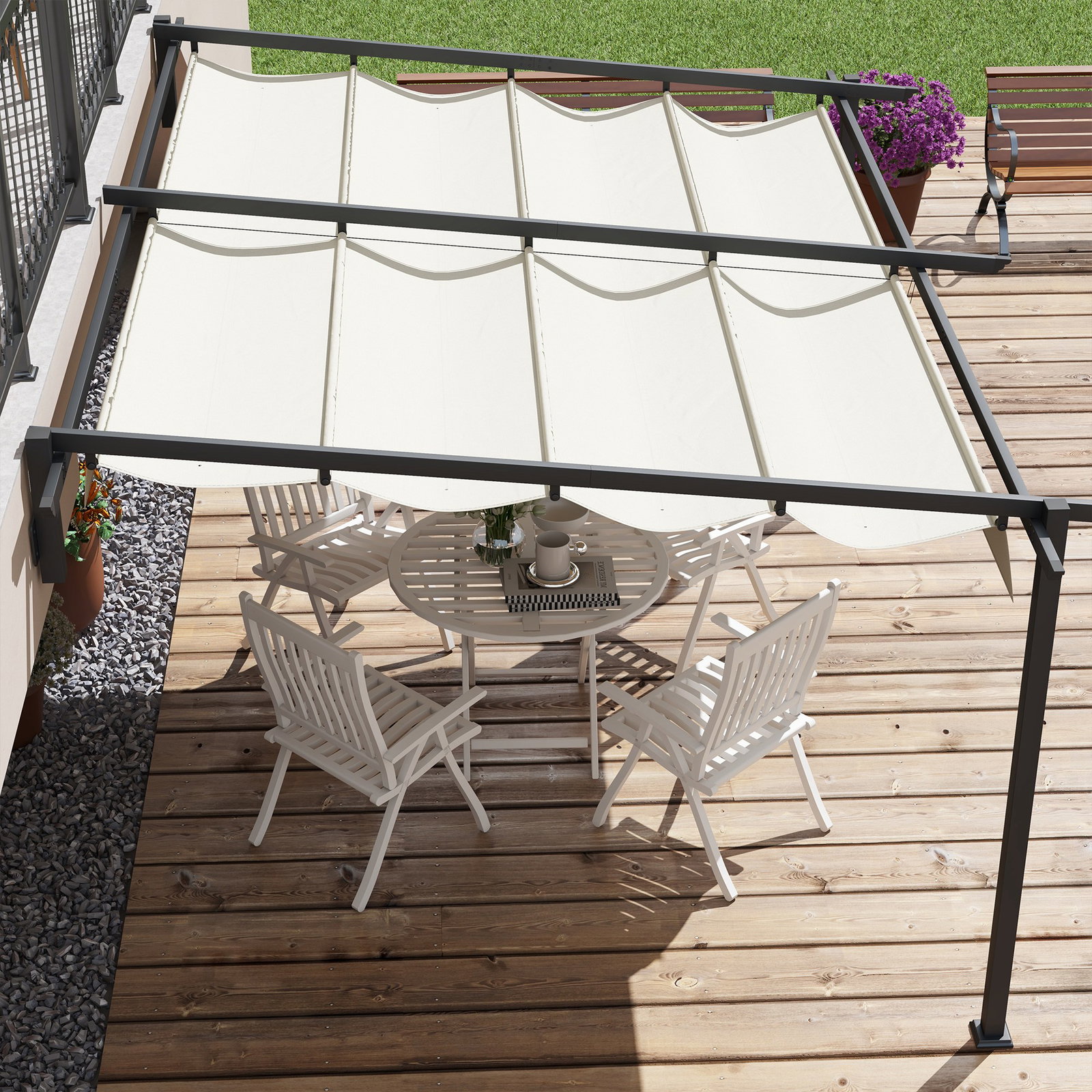 Pérgola de parede 4x3 m pérgola de jardim com teto retrátil de poliéster e estrutura de aço creme e cinza escuro