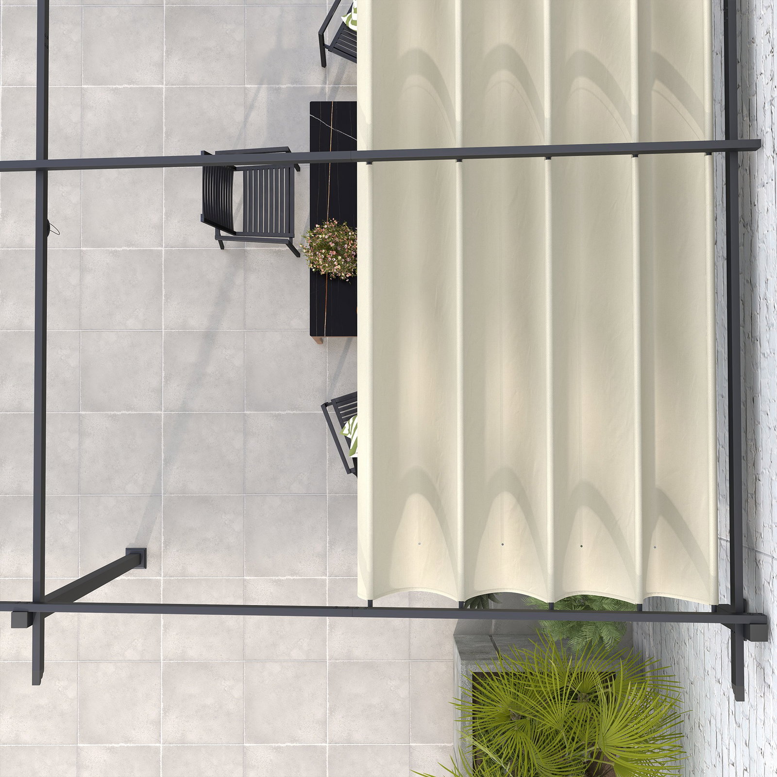 Pérgola de parede 4x3 m pérgola de jardim com teto retrátil de poliéster e estrutura de aço creme e cinza escuro