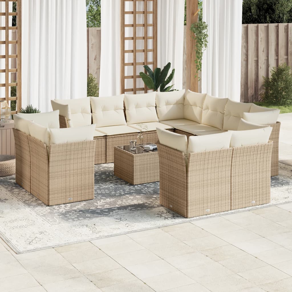 12 Pcs conjunto de sofás p/ jardim com almofadões vime PE bege
