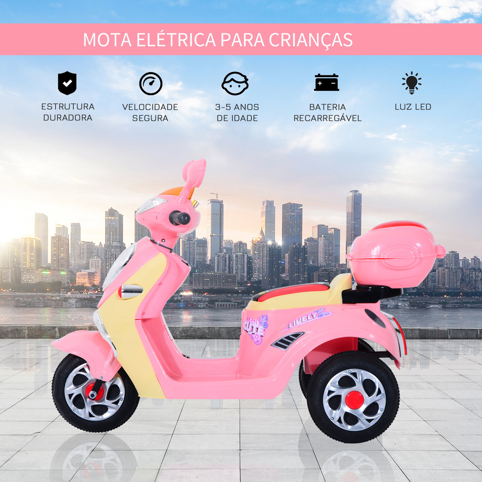 Mota elétrica Infantil para crianças acima de 3 anos com Bagagem 6V de Bateria 108x51x75cm Rosa