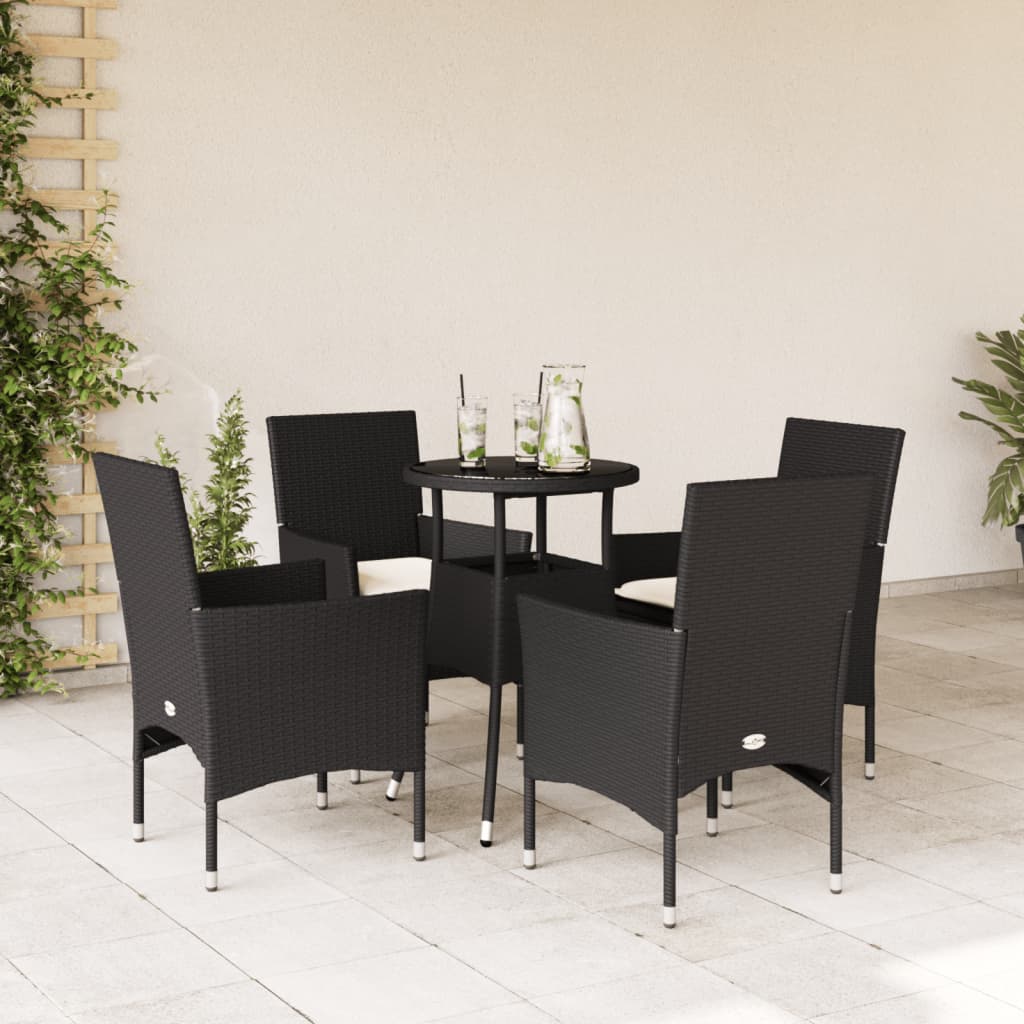 5 Pcs conjunto jantar jardim c/ almofadões vime PE/vidro preto