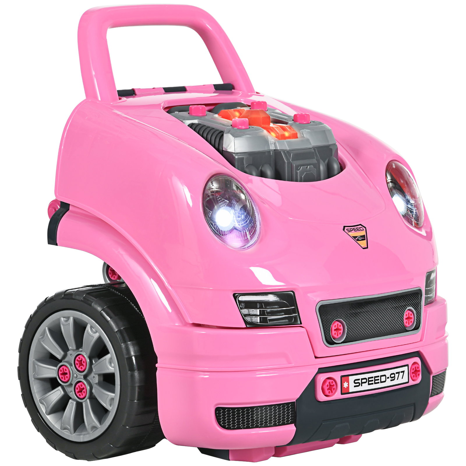 Motor de caminhão para crianças com 61 peças volante buzina faróis caixa de armazenamento e rodas 40x39x47 cm rosa
