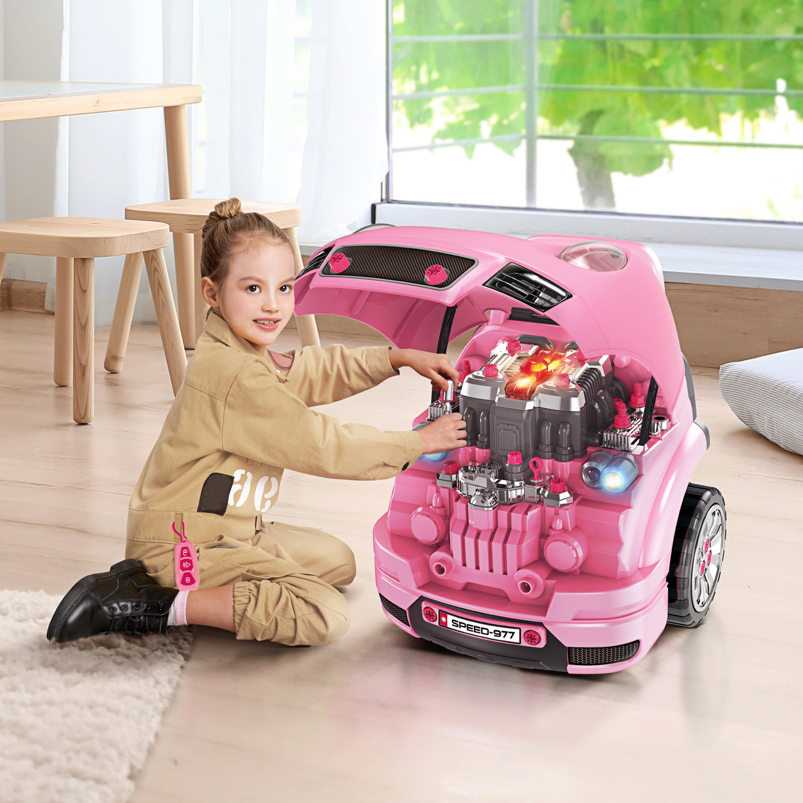 Motor de caminhão para crianças com 61 peças volante buzina faróis caixa de armazenamento e rodas 40x39x47 cm rosa