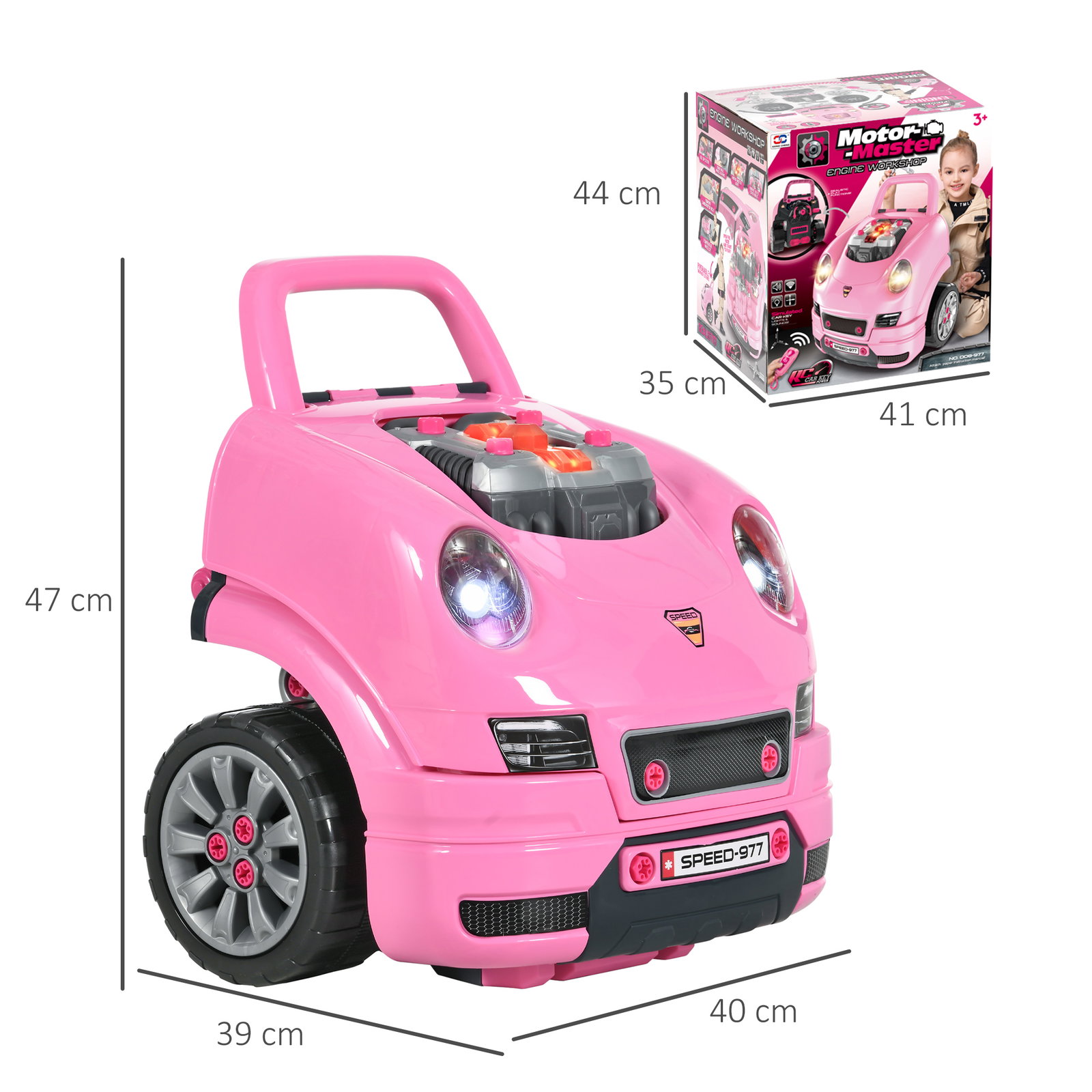 Motor de caminhão para crianças com 61 peças volante buzina faróis caixa de armazenamento e rodas 40x39x47 cm rosa