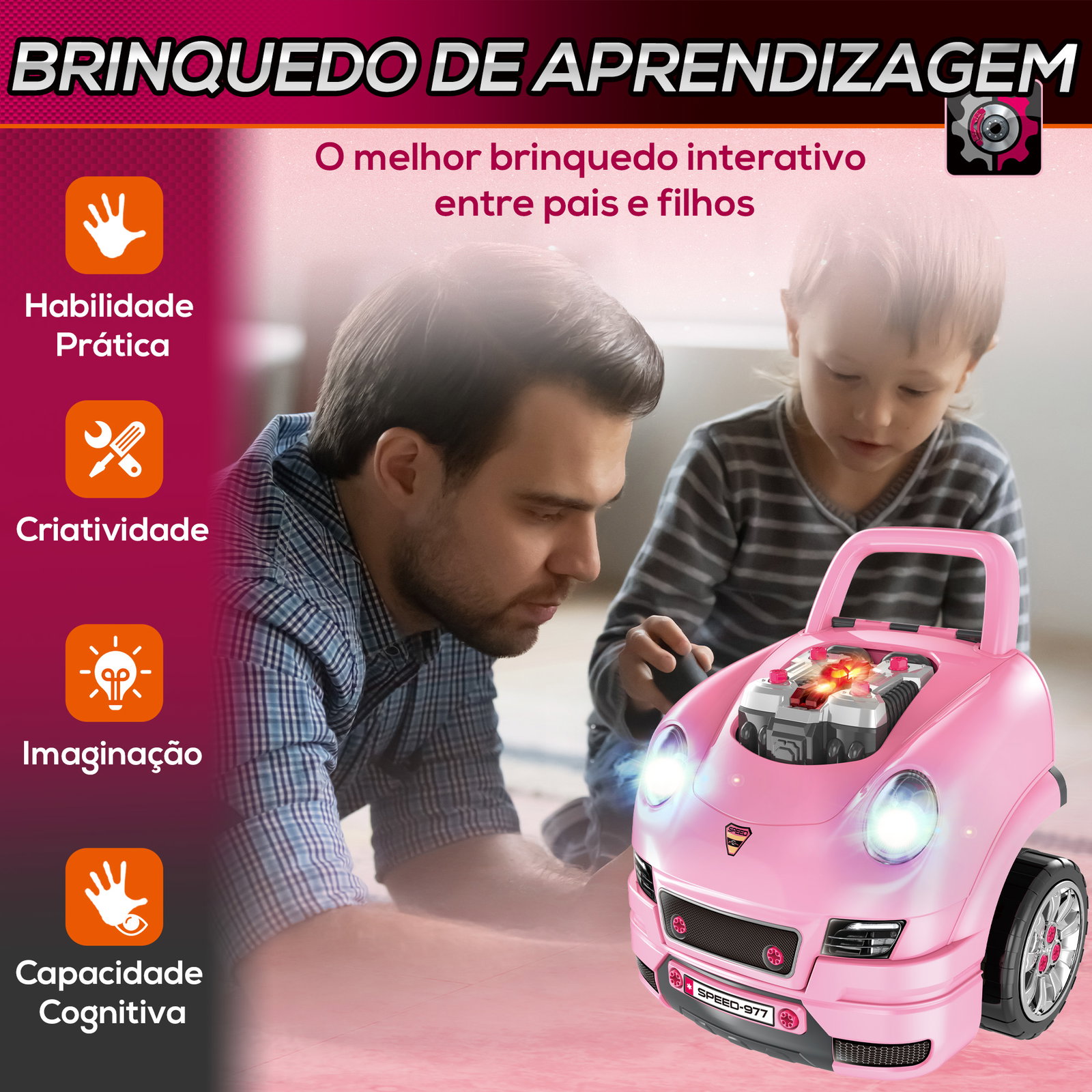 Motor de caminhão para crianças com 61 peças volante buzina faróis caixa de armazenamento e rodas 40x39x47 cm rosa