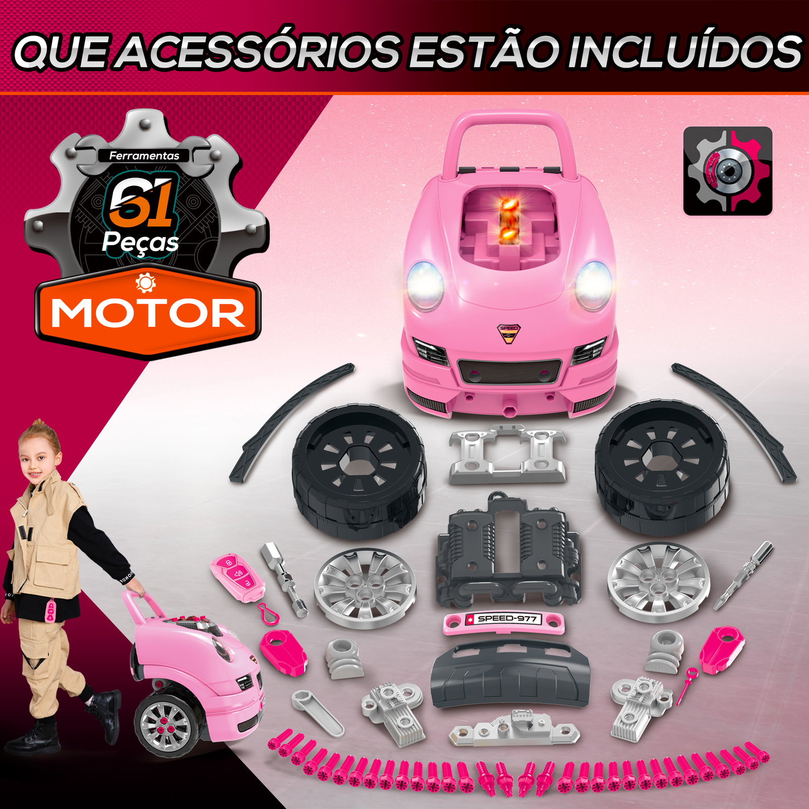 Motor de caminhão para crianças com 61 peças volante buzina faróis caixa de armazenamento e rodas 40x39x47 cm rosa