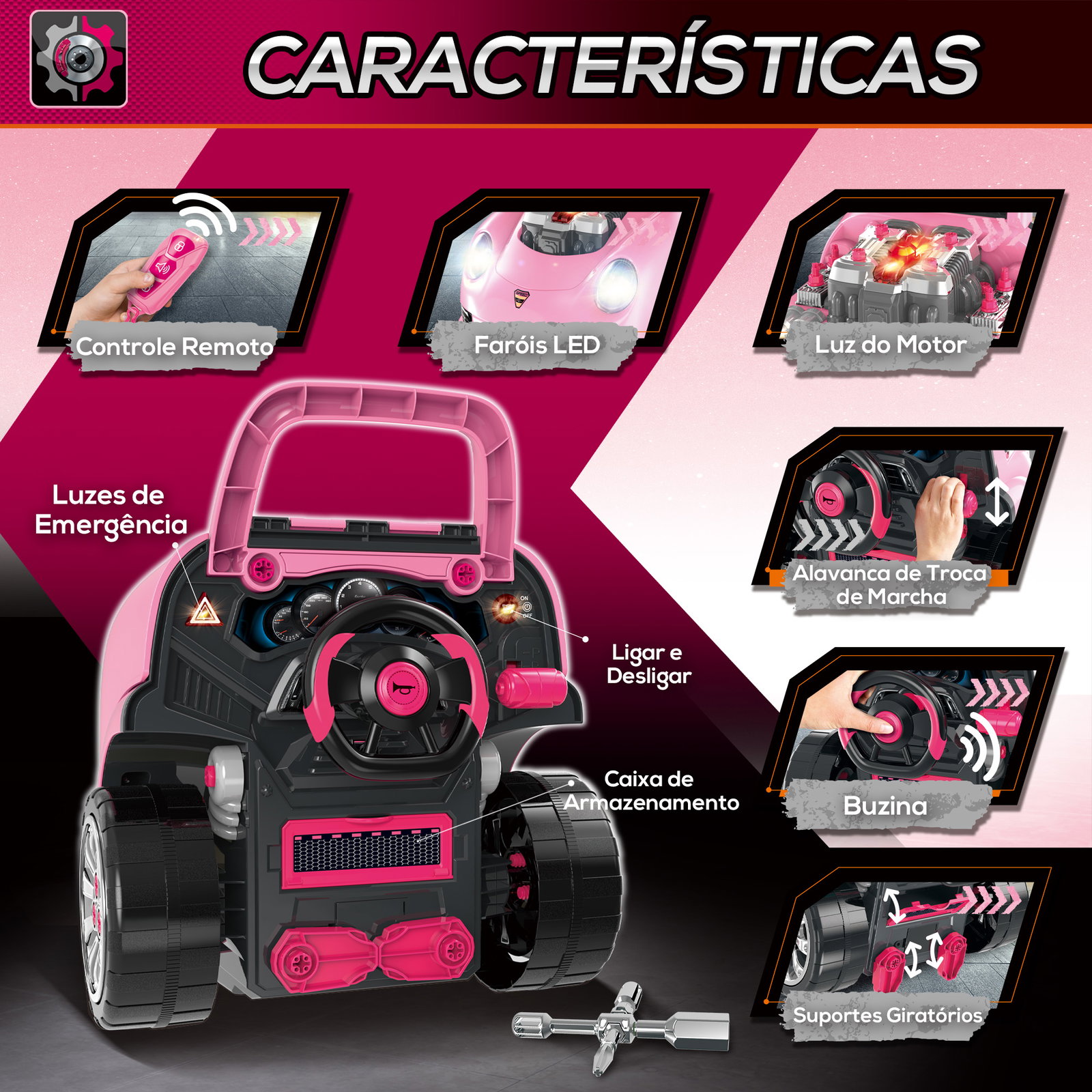 Motor de caminhão para crianças com 61 peças volante buzina faróis caixa de armazenamento e rodas 40x39x47 cm rosa