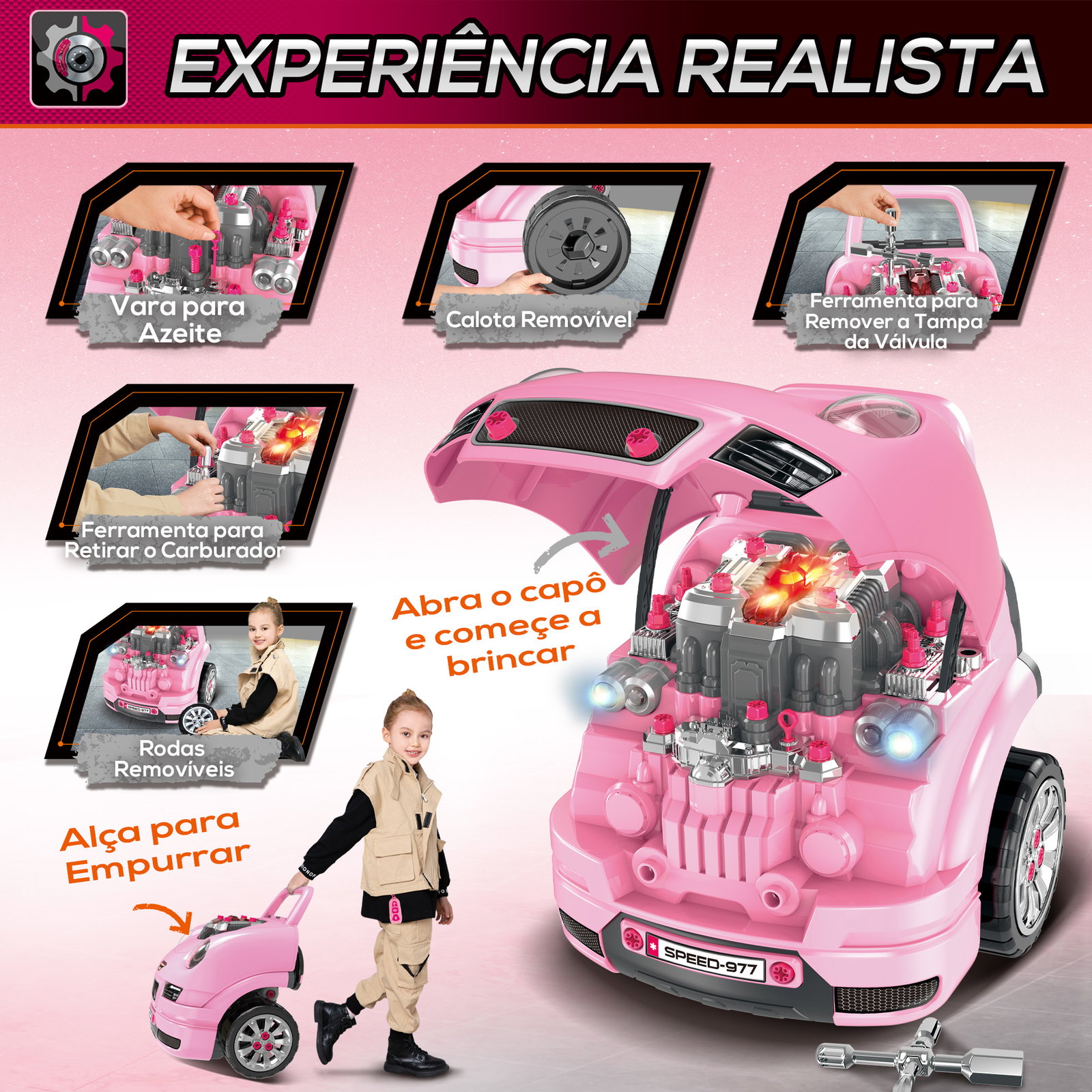Motor de caminhão para crianças com 61 peças volante buzina faróis caixa de armazenamento e rodas 40x39x47 cm rosa
