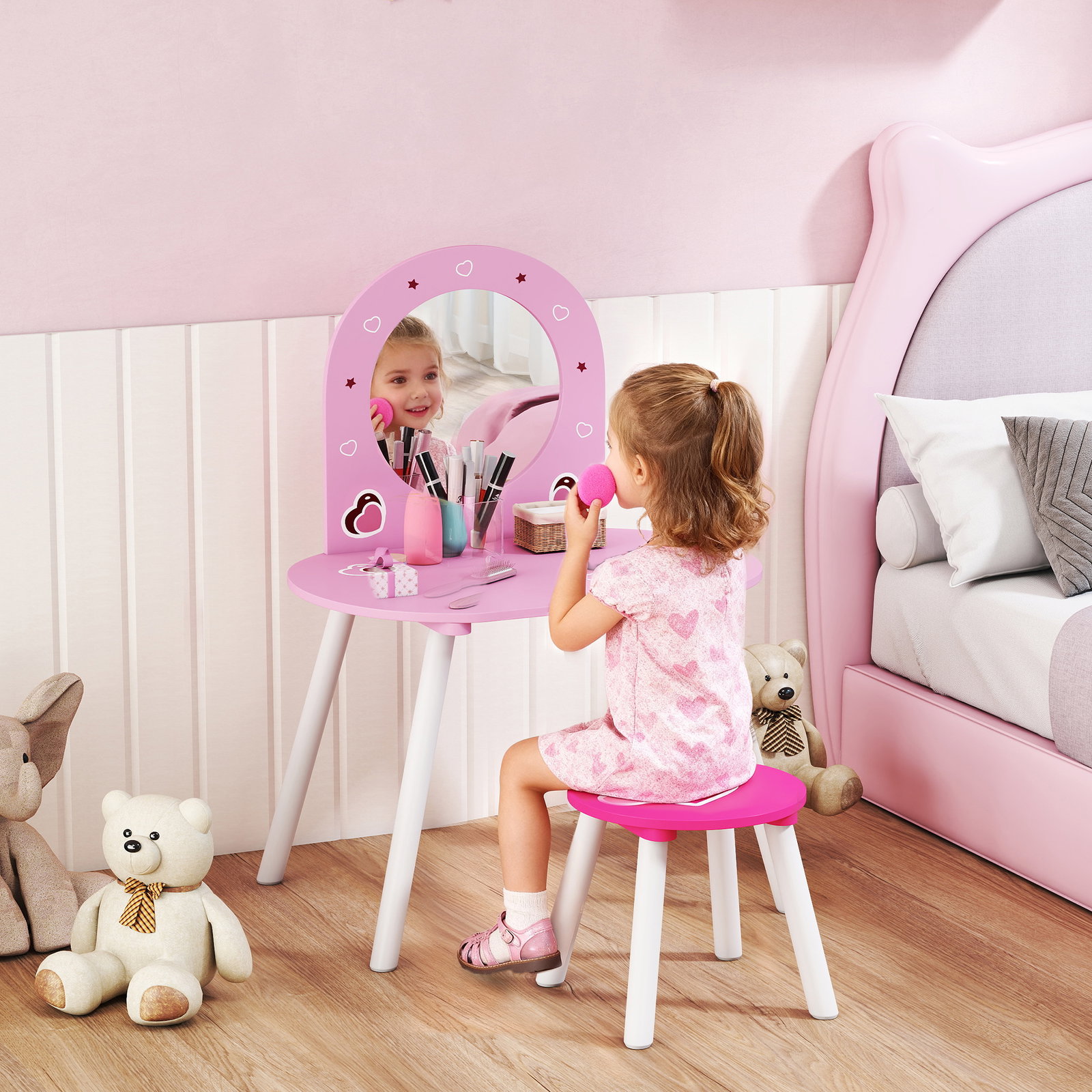 Toucador infantil com banco e espelho toucador para meninas com desenhos de corações 60x43,5x83 cm rosa