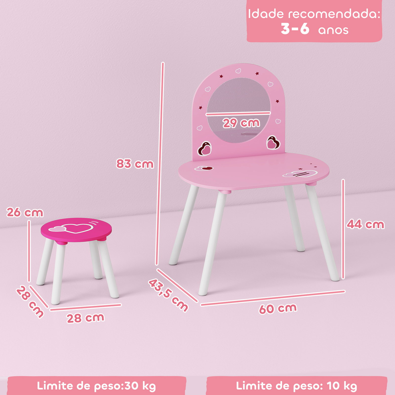 Toucador infantil com banco e espelho toucador para meninas com desenhos de corações 60x43,5x83 cm rosa