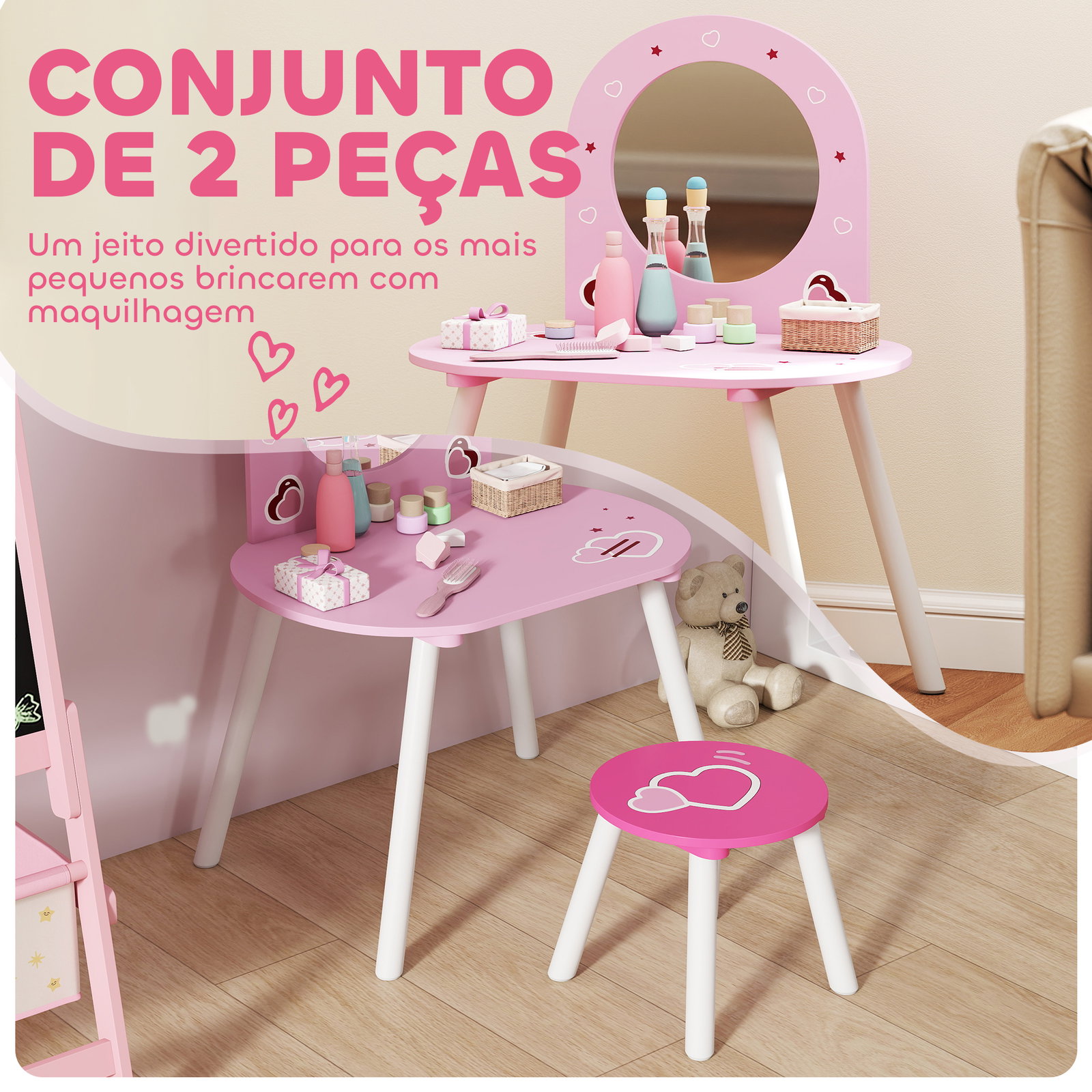 Toucador infantil com banco e espelho toucador para meninas com desenhos de corações 60x43,5x83 cm rosa
