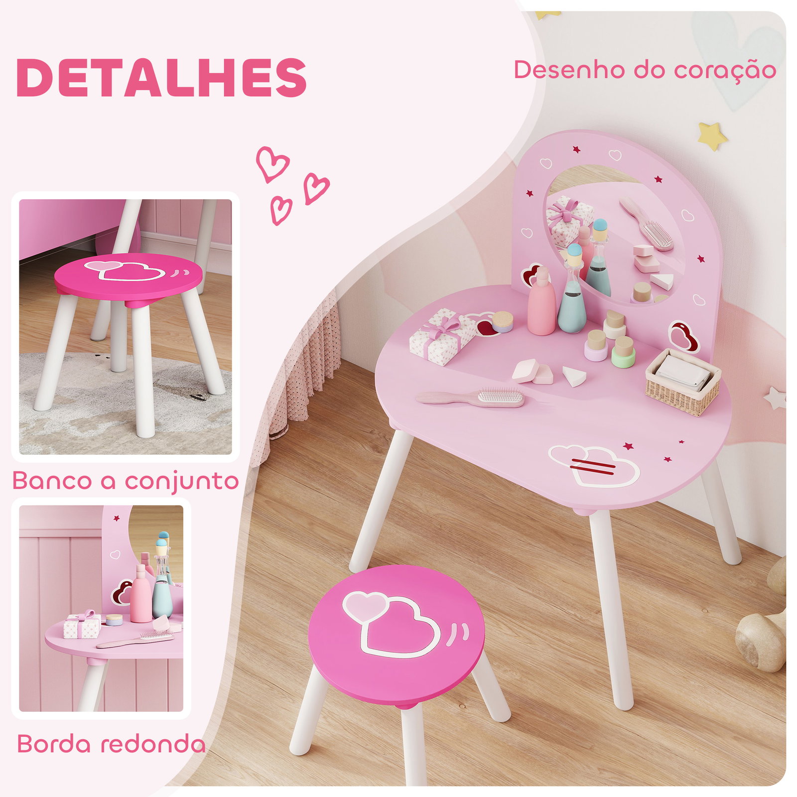 Toucador infantil com banco e espelho toucador para meninas com desenhos de corações 60x43,5x83 cm rosa