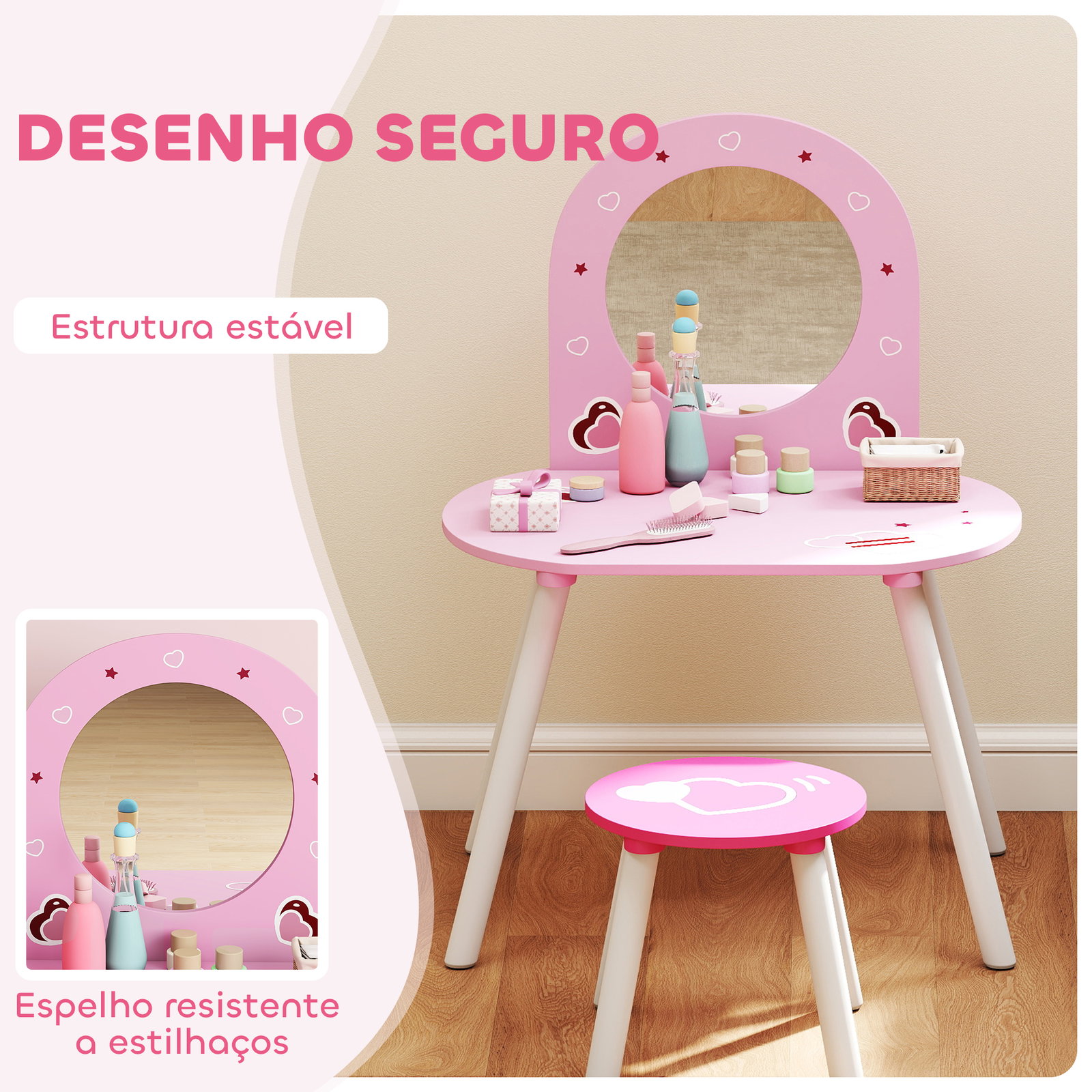 Toucador infantil com banco e espelho toucador para meninas com desenhos de corações 60x43,5x83 cm rosa