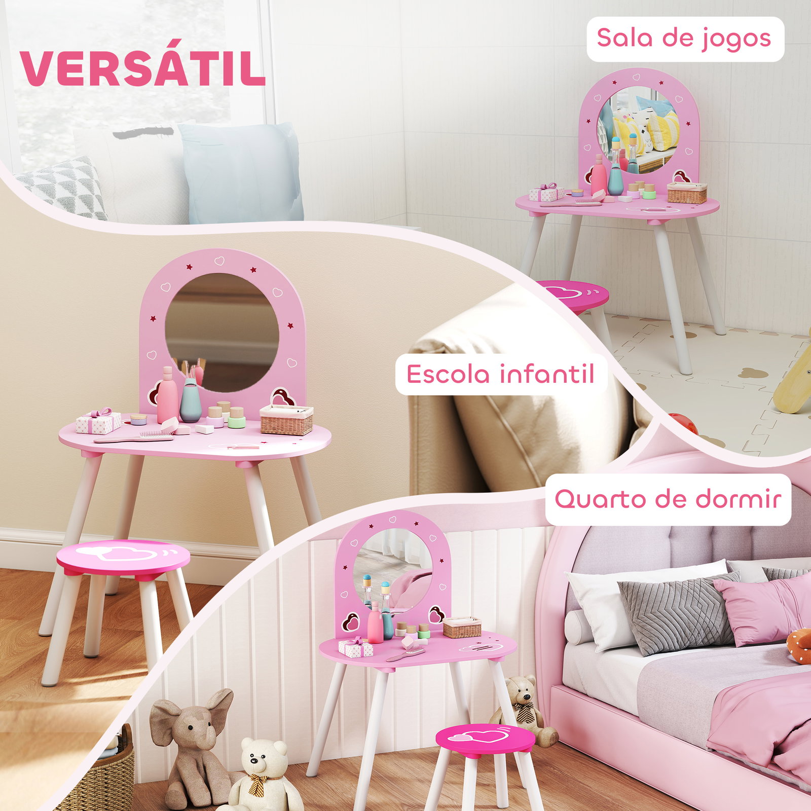 Toucador infantil com banco e espelho toucador para meninas com desenhos de corações 60x43,5x83 cm rosa