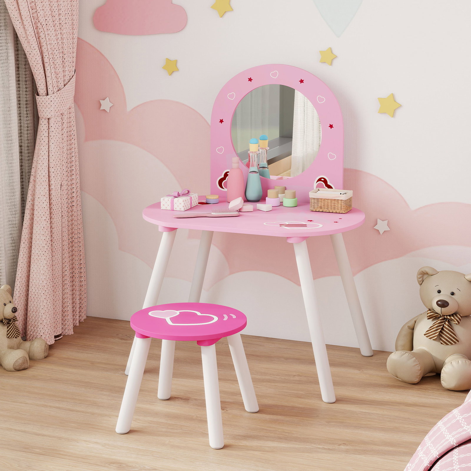 Toucador infantil com banco e espelho toucador para meninas com desenhos de corações 60x43,5x83 cm rosa