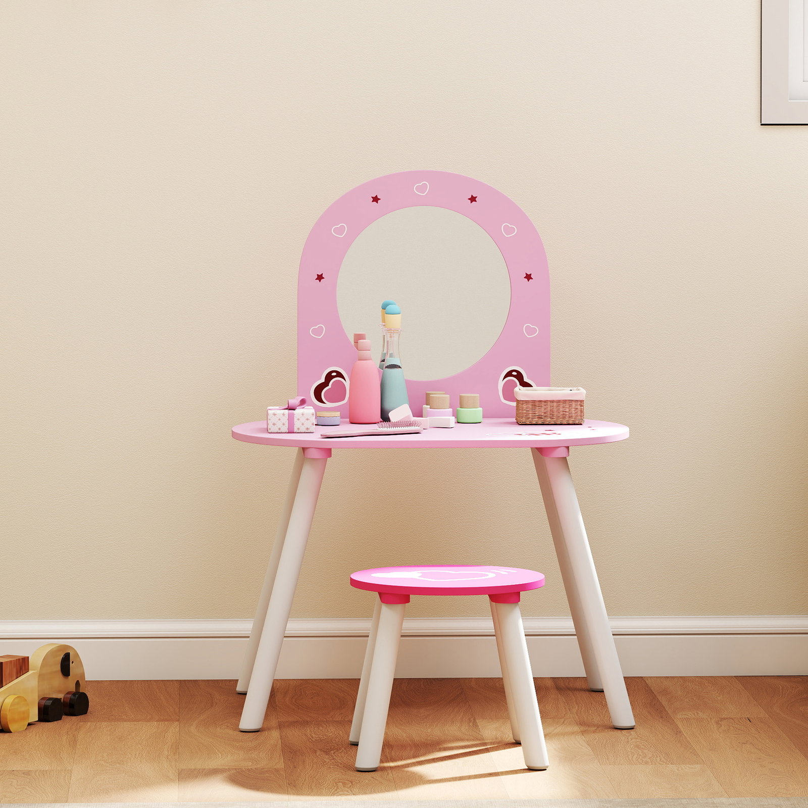 Toucador infantil com banco e espelho toucador para meninas com desenhos de corações 60x43,5x83 cm rosa