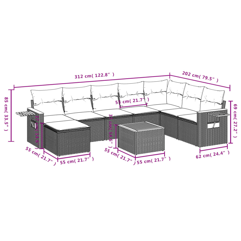 9 Pcs conjunto de sofás p/ jardim c/ almofadões vime PE preto
