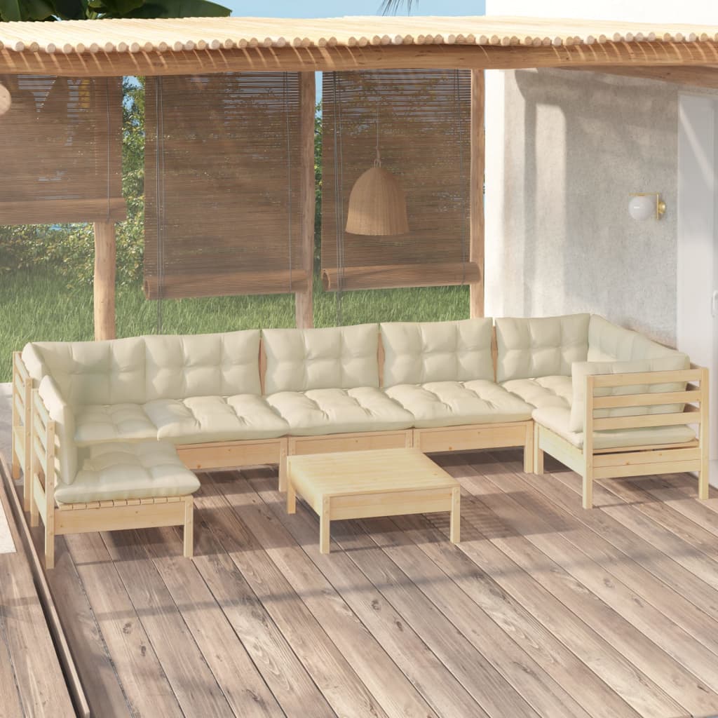 8 Pcs conjunto lounge de jardim c/ almofadões cor creme pinho