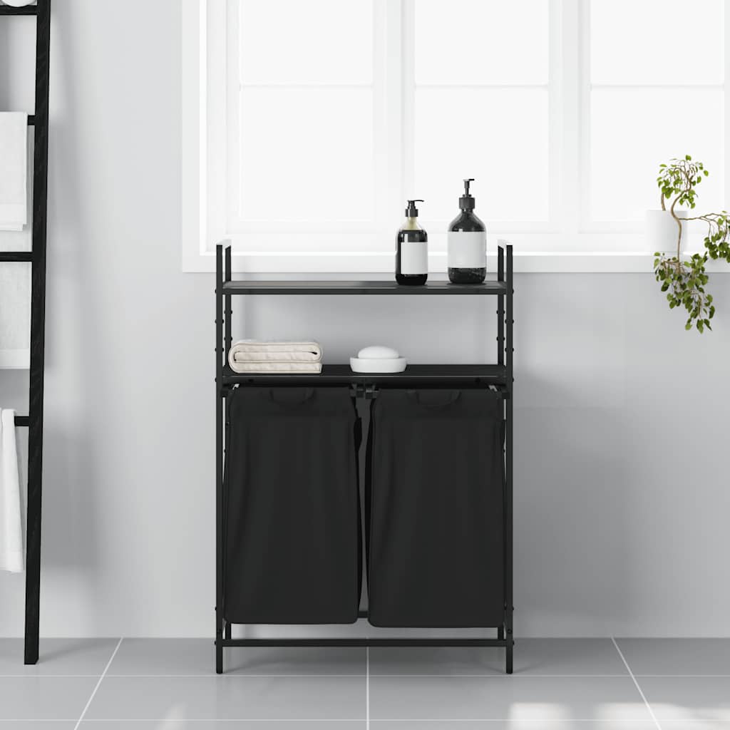 Cesto de roupa suja com 2 compartimentos e prateleiras, cor carvalho preto