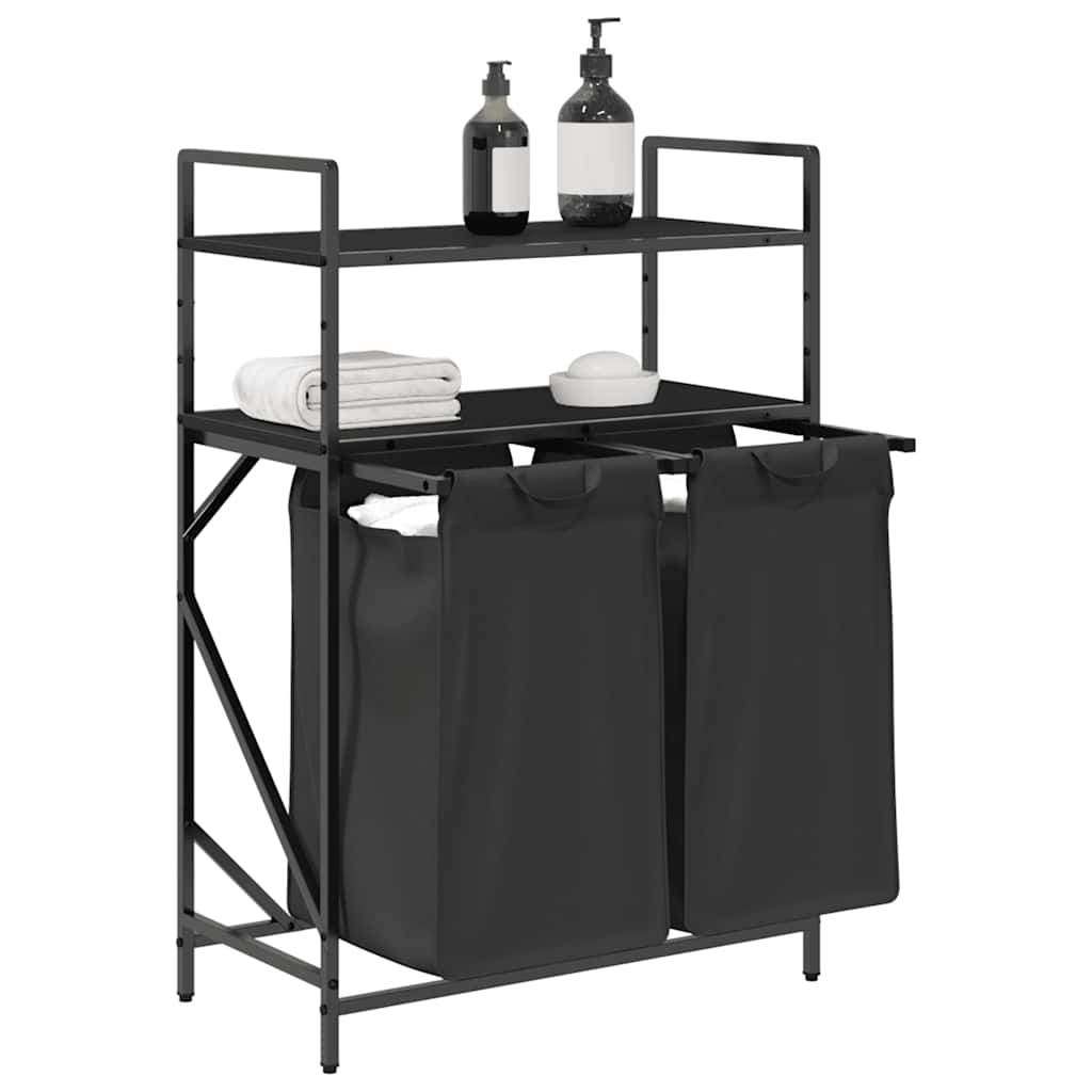 Cesto de roupa suja com 2 compartimentos e prateleiras, cor carvalho preto