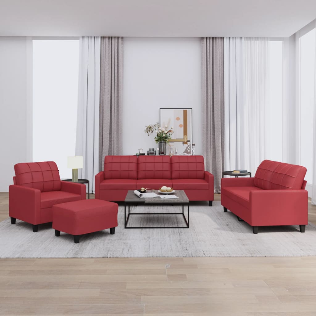4 Pcs conjunto sofás c/ almofadões couro artif. vermelho tinto