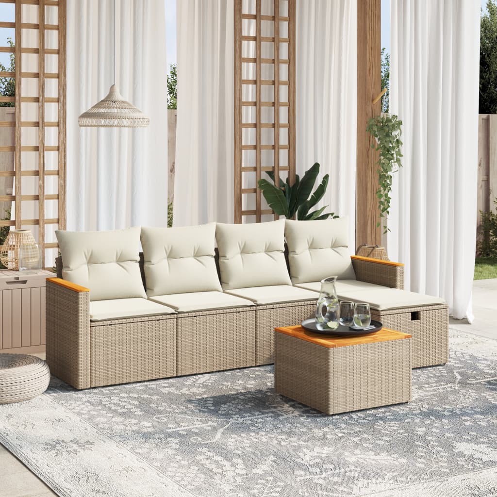 6 Pcs conjunto de sofás p/ jardim com almofadões vime PE bege