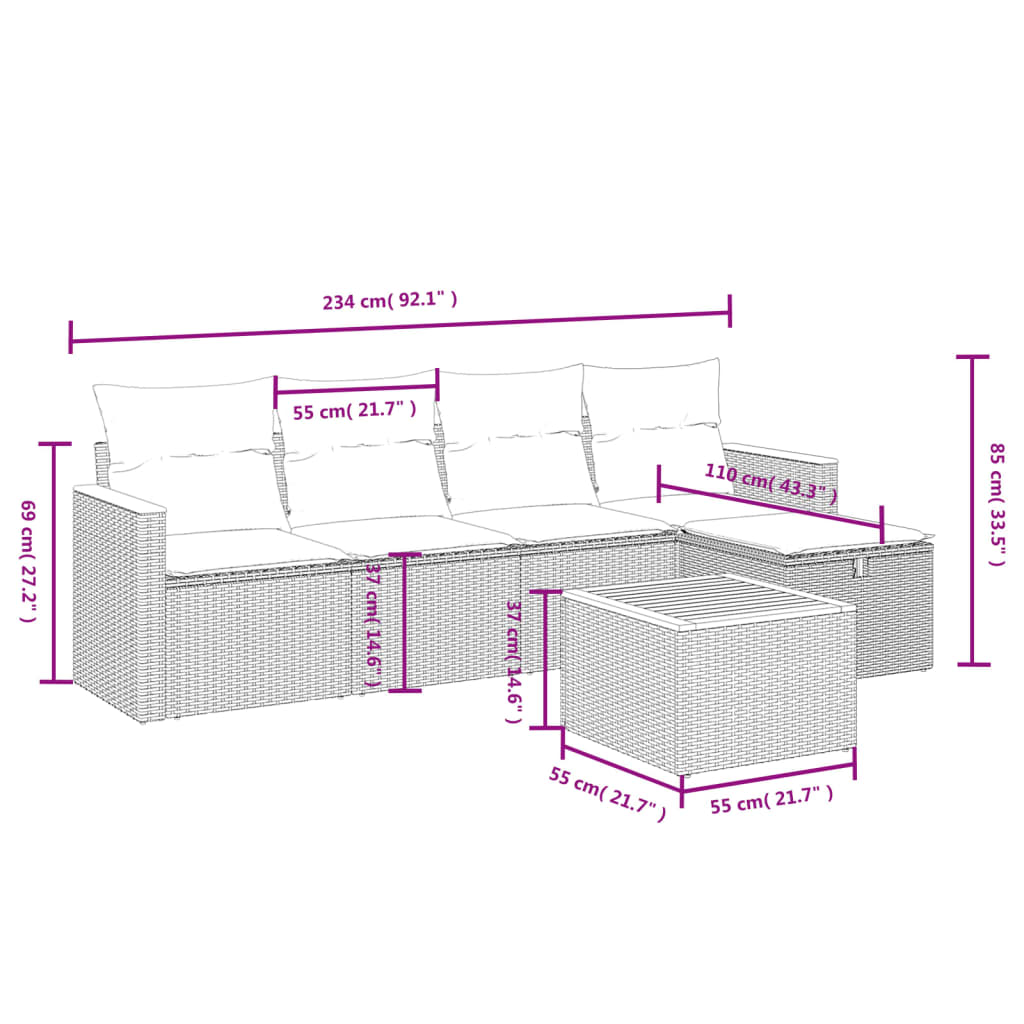 6 Pcs conjunto de sofás p/ jardim com almofadões vime PE bege