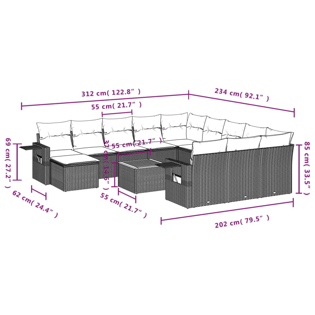 13 Pcs conjunto de sofás de jardim com almofadões vime PE preto