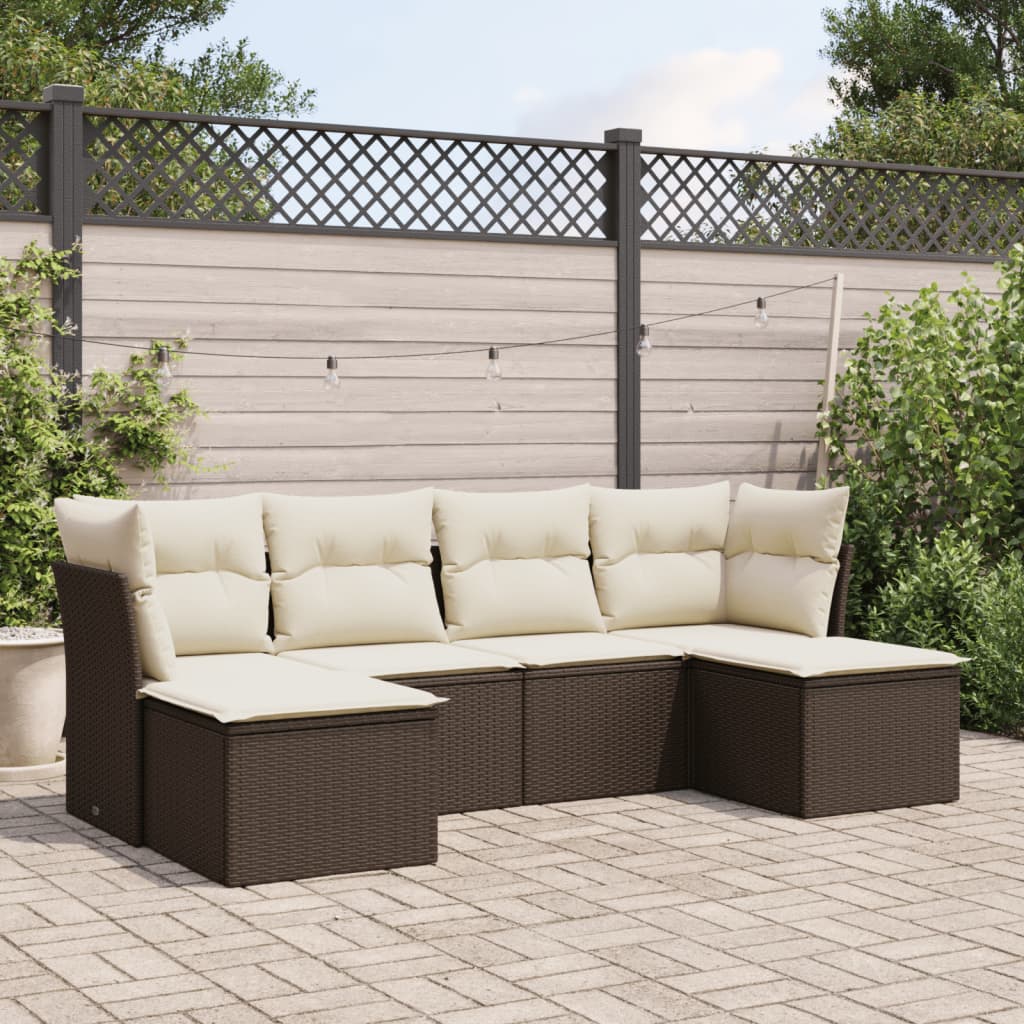 6 Pcs conjunto de sofás jardim c/ almofadões vime PE castanho
