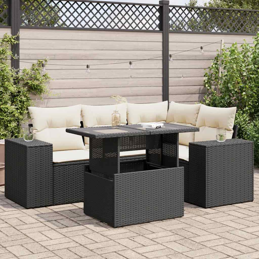 5 Pcs conjunto sofás de jardim com almofadões vime PE preto