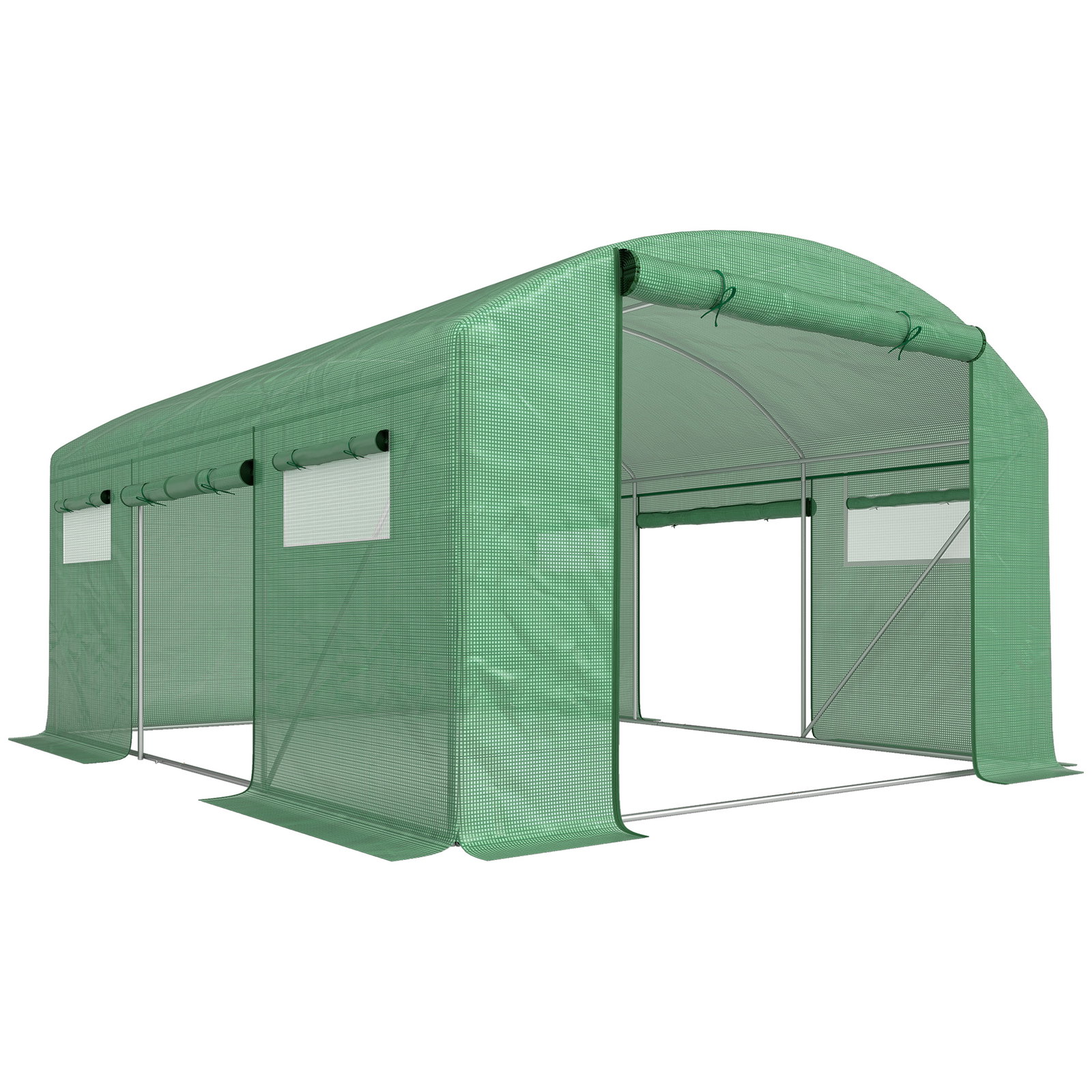 Estufa tipo túnel 397x300x200 cm estufa de exterior com 4 janelas de malha cobertura de PE anti UV e 3 portas enroláveis verde