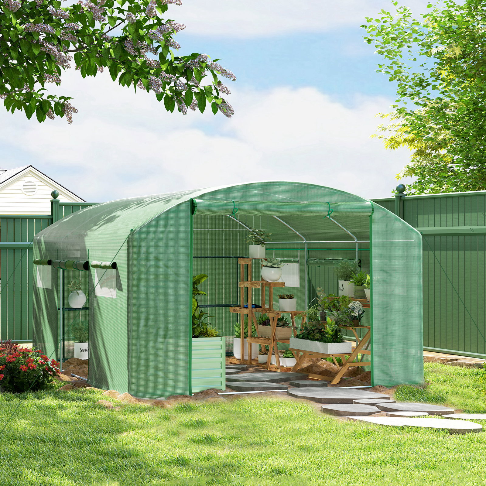 Estufa tipo túnel 397x300x200 cm estufa de exterior com 4 janelas de malha cobertura de PE anti UV e 3 portas enroláveis verde