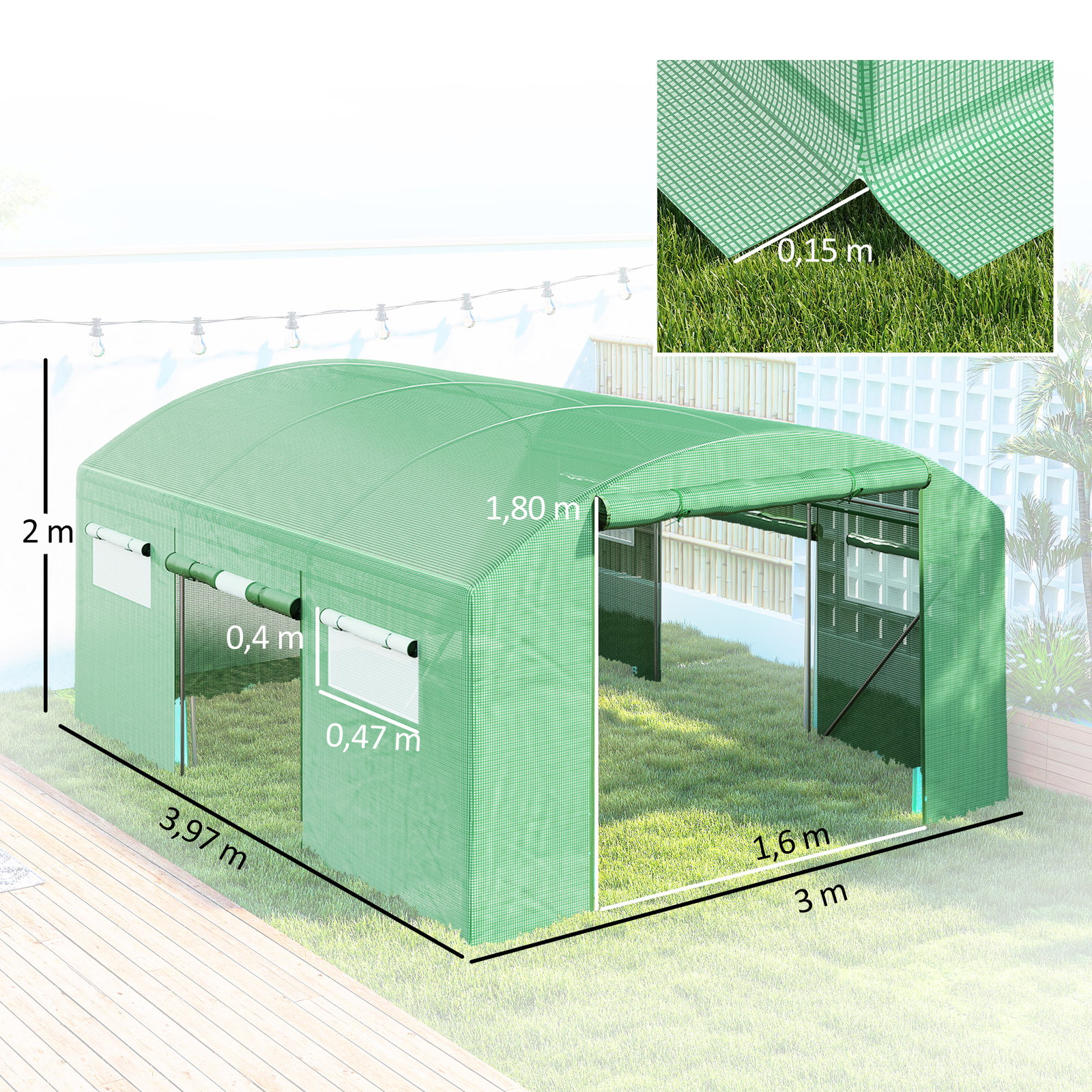 Estufa tipo túnel 397x300x200 cm estufa de exterior com 4 janelas de malha cobertura de PE anti UV e 3 portas enroláveis verde