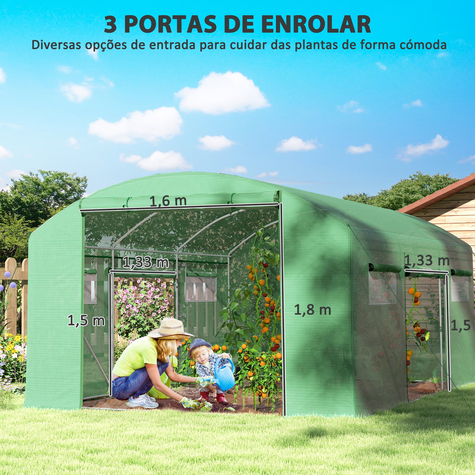 Estufa tipo túnel 397x300x200 cm estufa de exterior com 4 janelas de malha cobertura de PE anti UV e 3 portas enroláveis verde