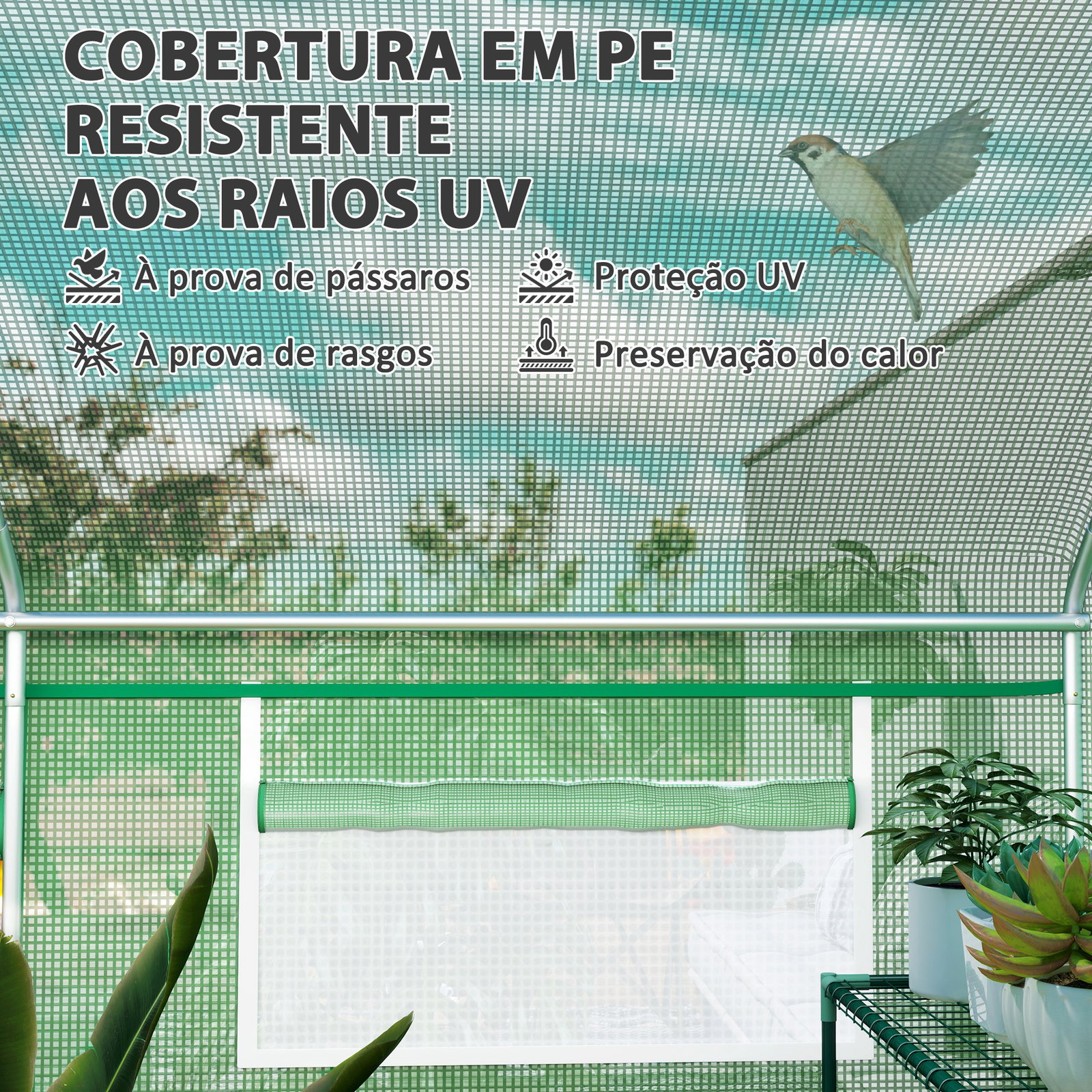 Estufa tipo túnel 397x300x200 cm estufa de exterior com 4 janelas de malha cobertura de PE anti UV e 3 portas enroláveis verde
